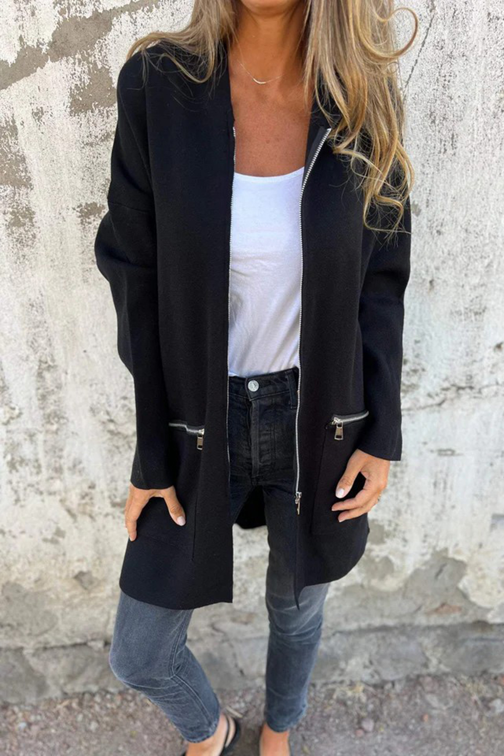 Black Solid Color Casual Zip up Hooded Coat - loveforevers