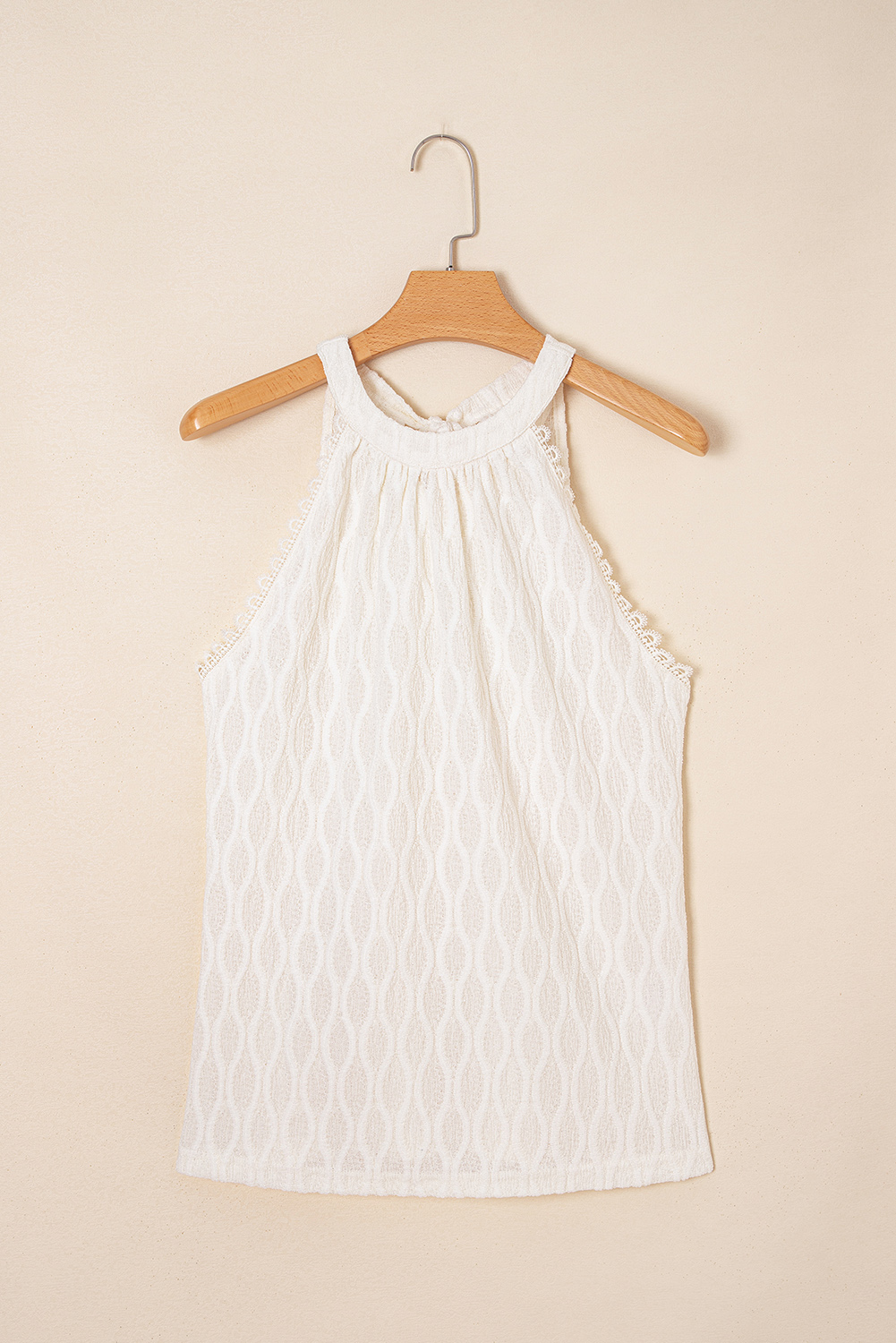 Beige Frenchy Lace Trim Textured Halter Tank Top - loveforevers