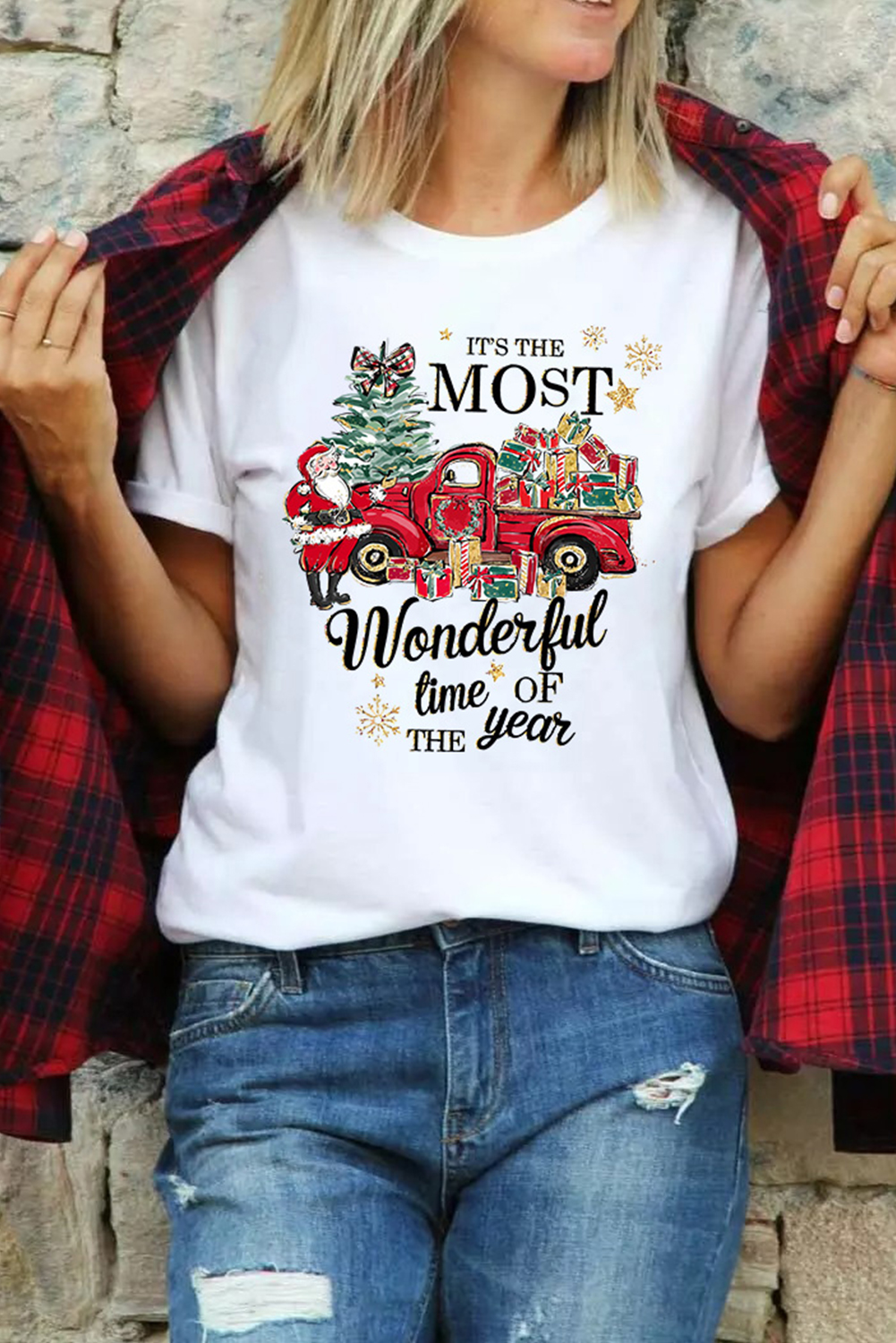 White Christmas Pattern Slogan Print Crew Neck T Shirt - loveforevers