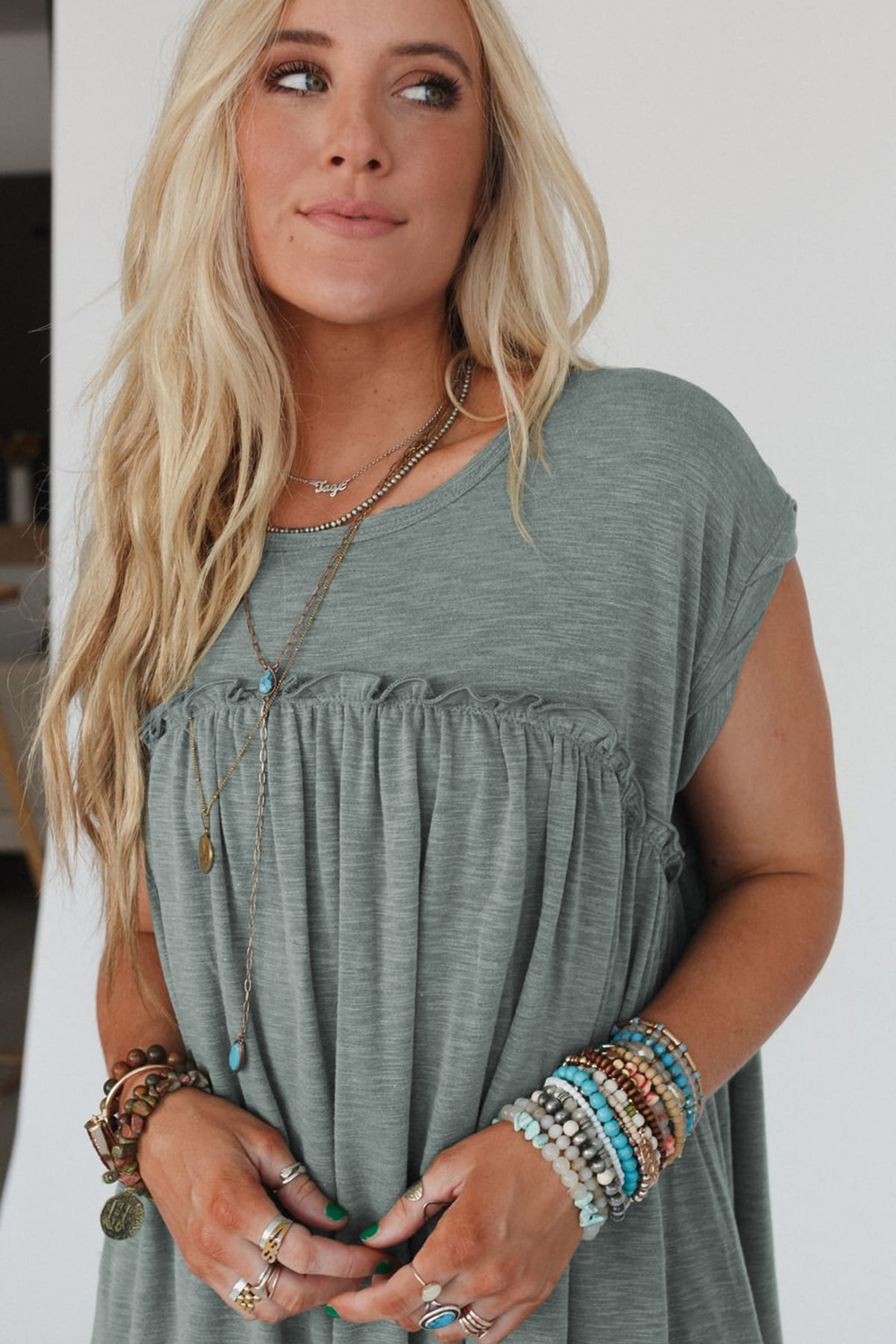 Mist Green Frilled Gathered Seam Round Neck T Shirt Dress - loveforevers