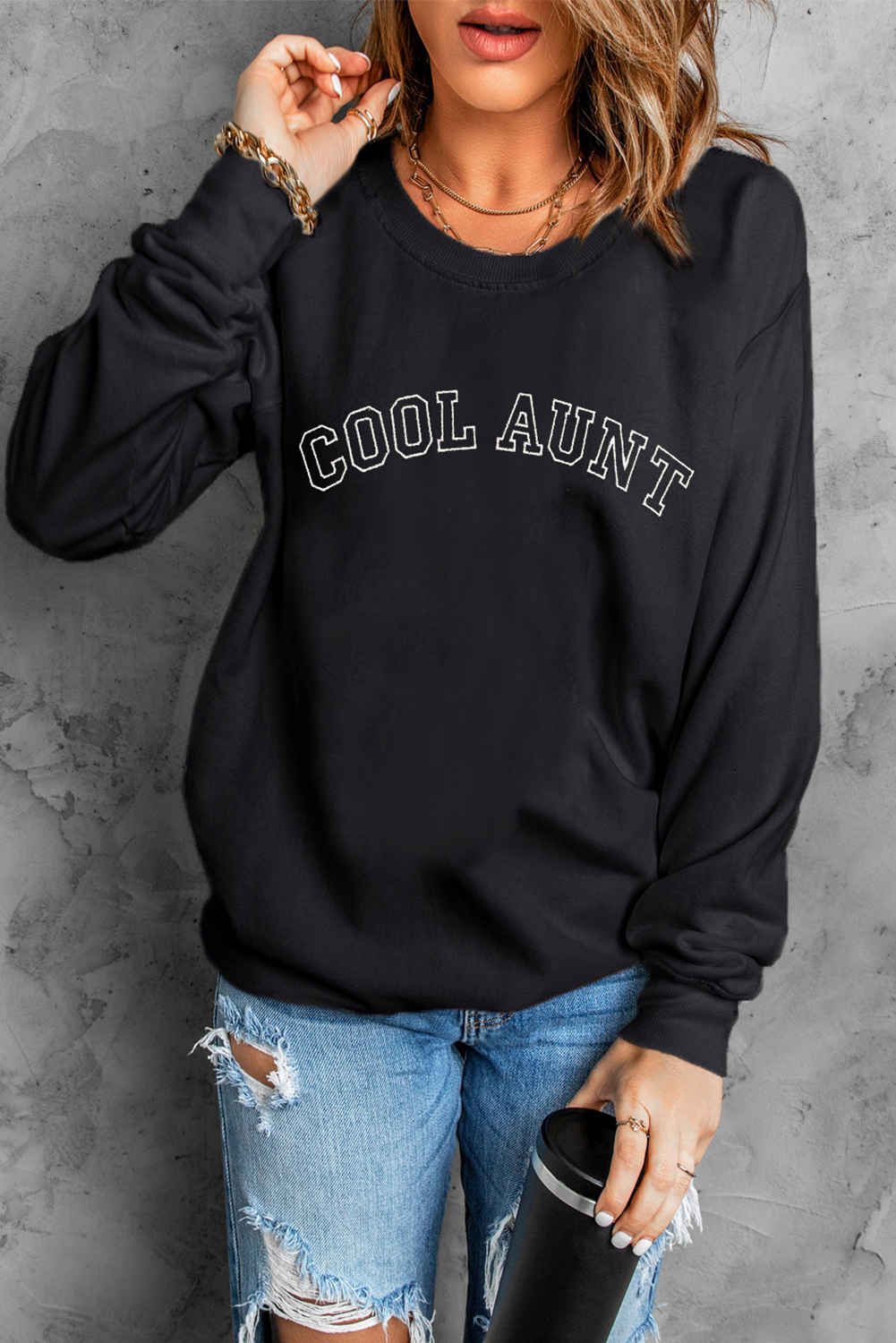 Black COOL AUNT Embroidered Letter Graphic Sweatshirt - loveforevers