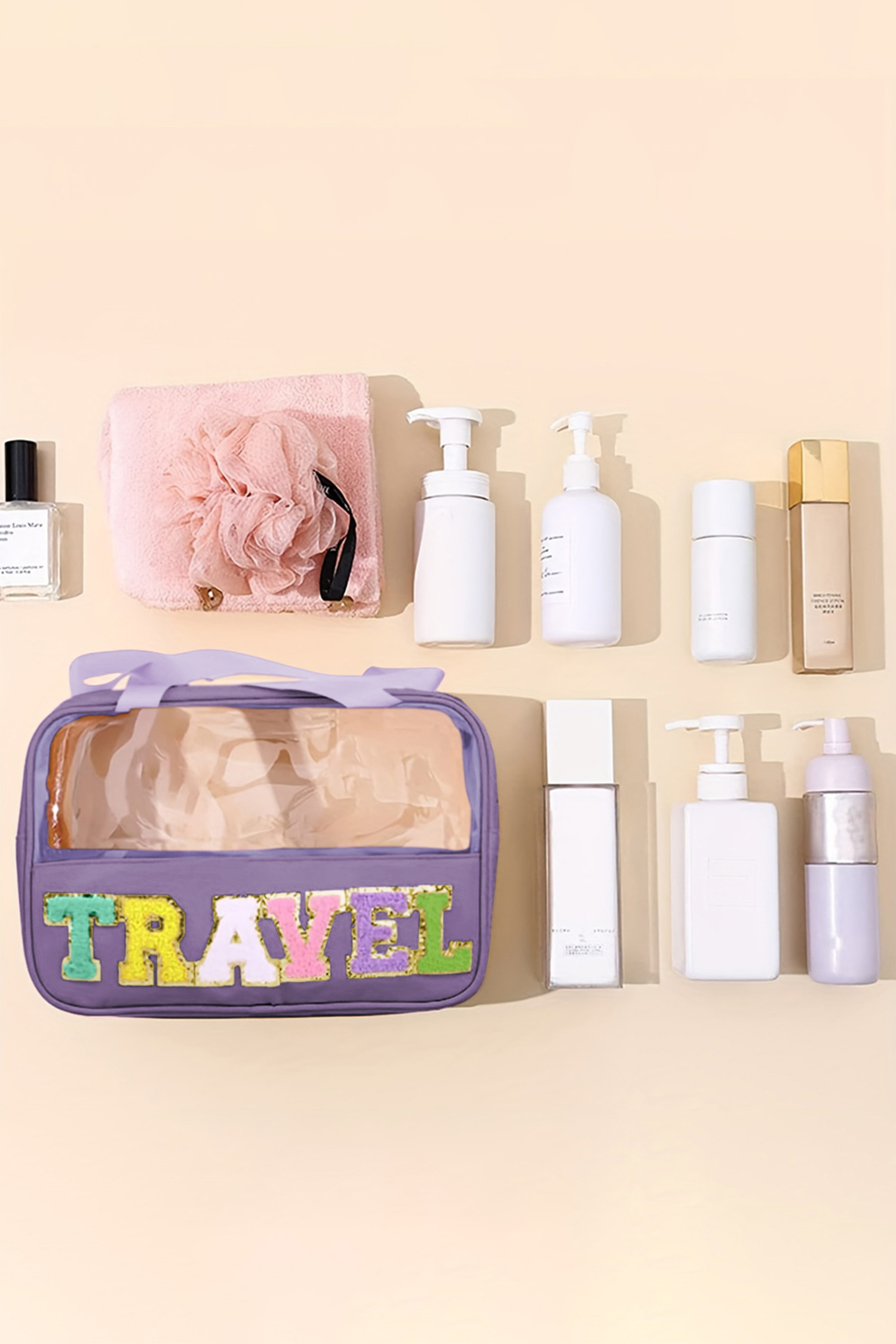 Light Pink TRAVEL Chenille Letter Clear PVC Makeup Bag - loveforevers