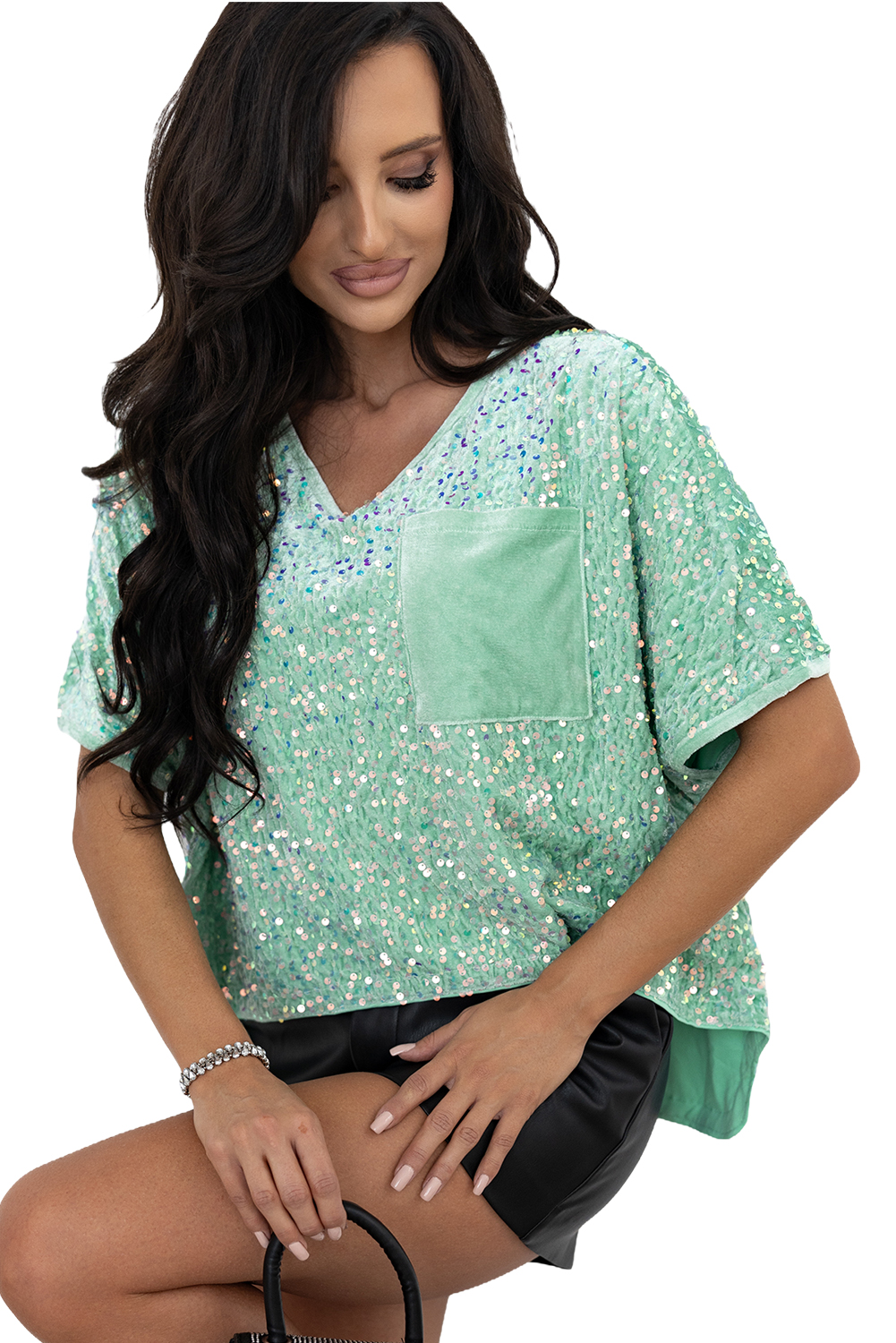 Moonlight Jade Sequin Batwing Sleeve V Neck Velvet Blouse - loveforevers