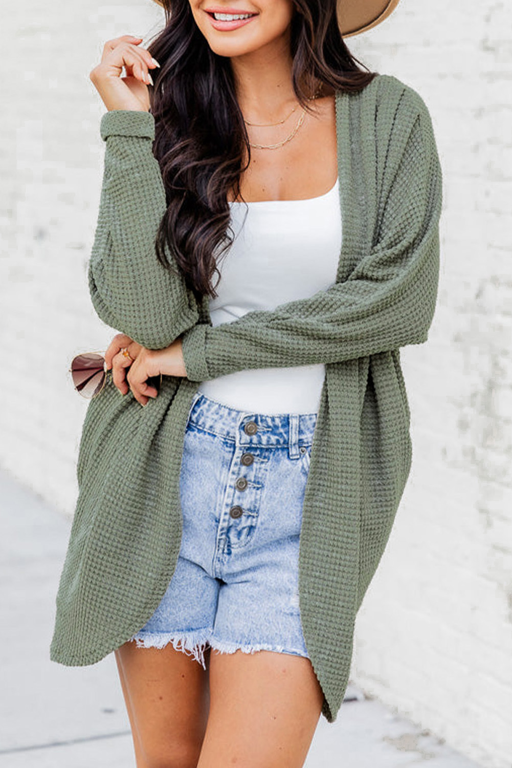 Laurel Green Waffle Knit Open Front Cardigan - loveforevers