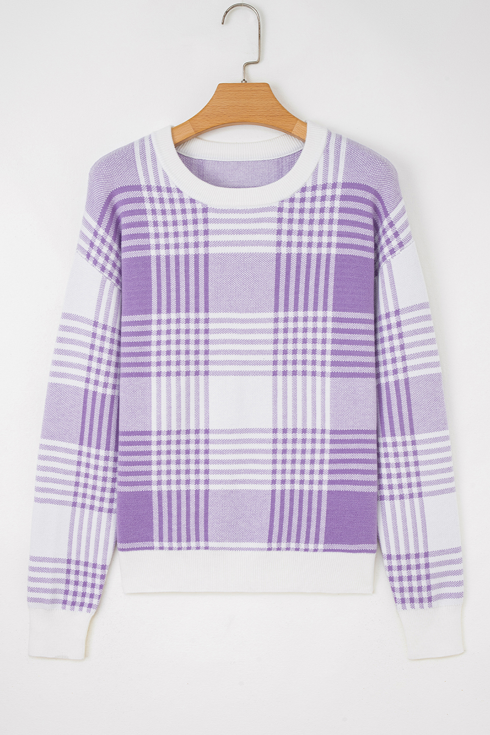 Lilac Plaid Print Ribbed Trim Loose Sweater - loveforevers