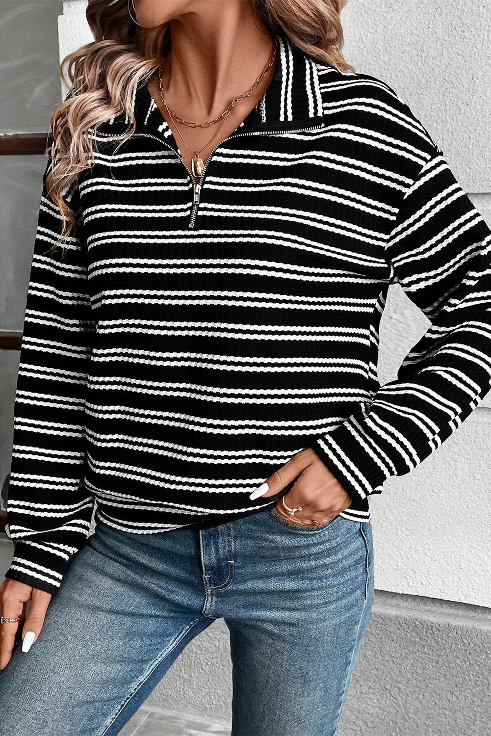 Black Stripe Textured Quarter Zip Collar Long Sleeve Top - loveforevers