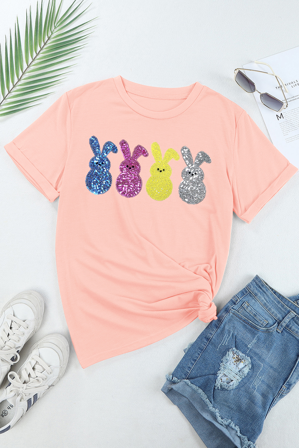 Pink Sequin Cute Bunny Graphic Easter Fashion Tee - loveforevers