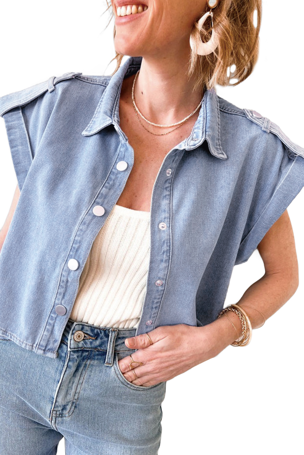 Dusk Blue Denim Pinup Folded Cap Sleeve Shirt - loveforevers
