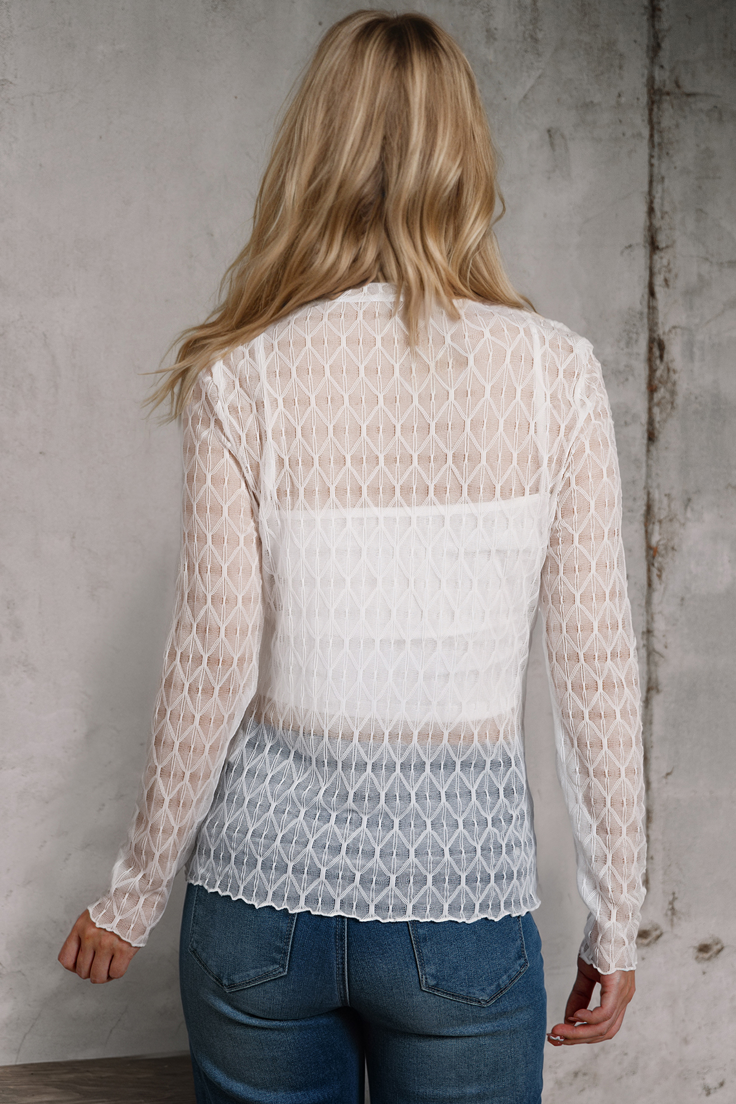 Coffee Sheer Mesh Patterned Lettuce Trim Slim Long Sleeve Top - loveforevers