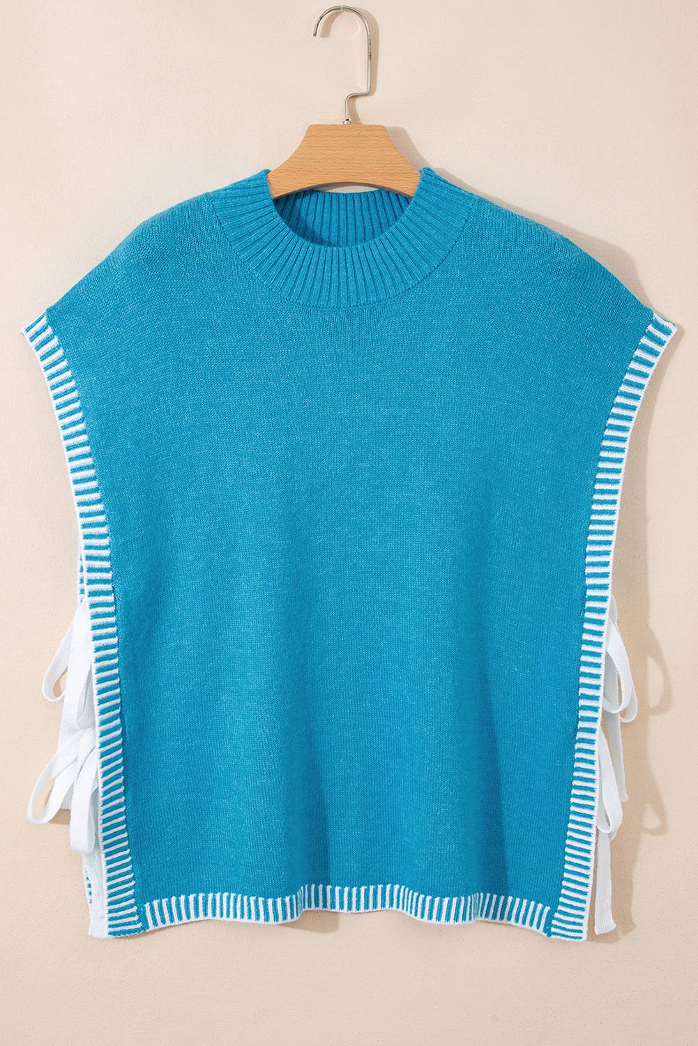 Blue Contrast Stitch Trim Knot Side Mock Neck Sweater Vest - loveforevers