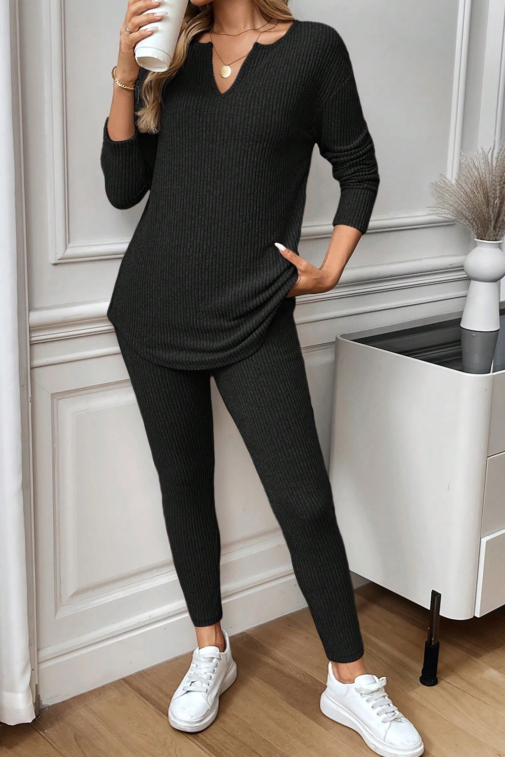 Black Ribbed Notched Neck Knit Long Sleeve Leggings Two Pieces Lounge Set - loveforevers