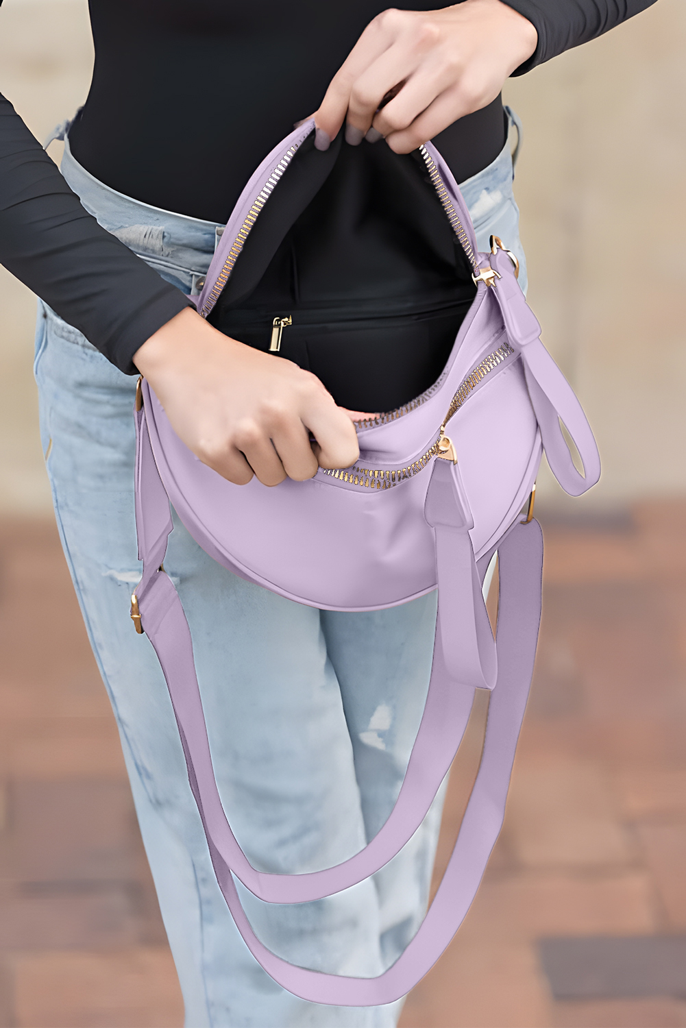 Jungle Green Double Zip Crescent Shape Adjustable Sling Bag - loveforevers