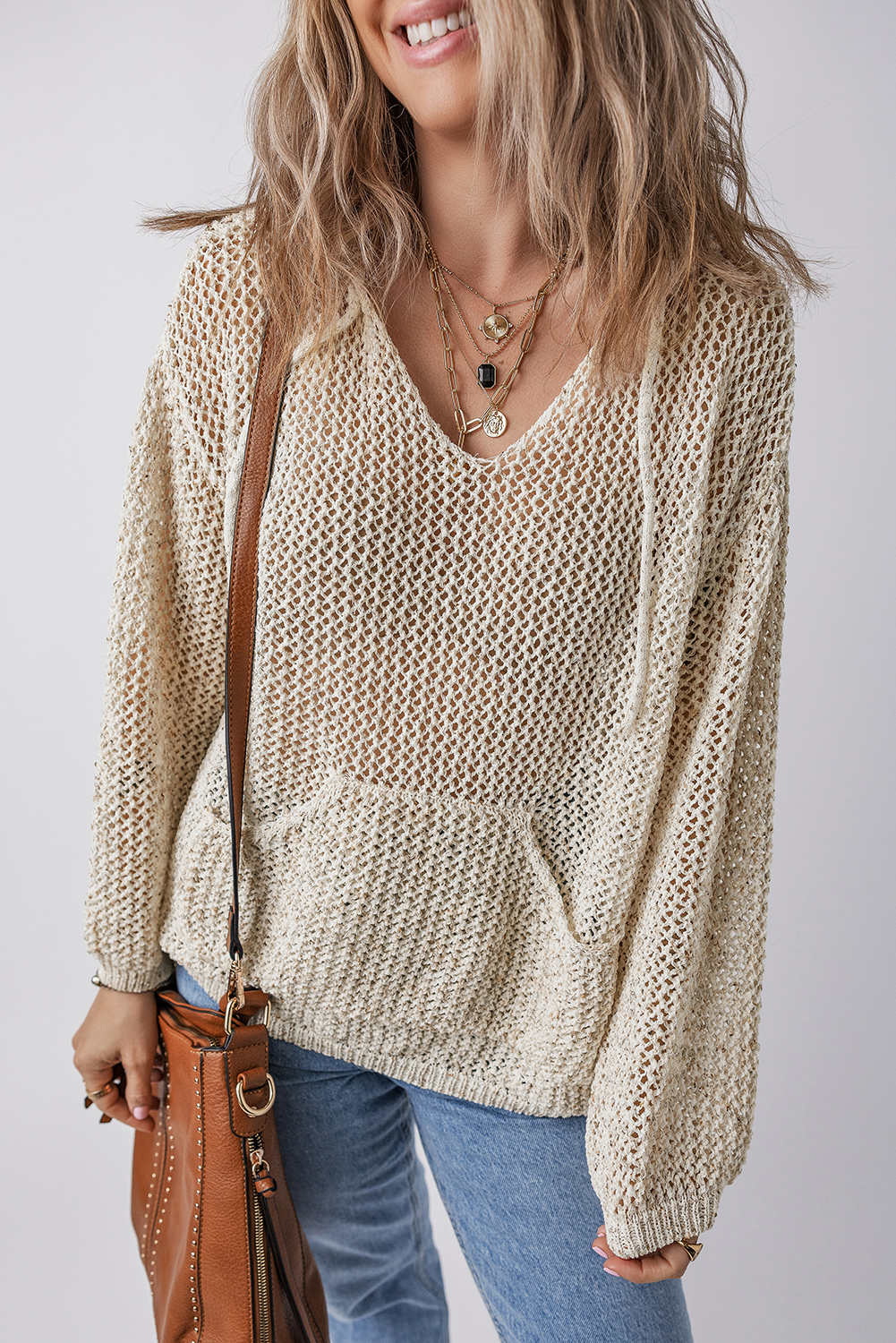 Jet Stream Hollow-out Kangaroo Pocket V Neck Hooded Sweater - loveforevers