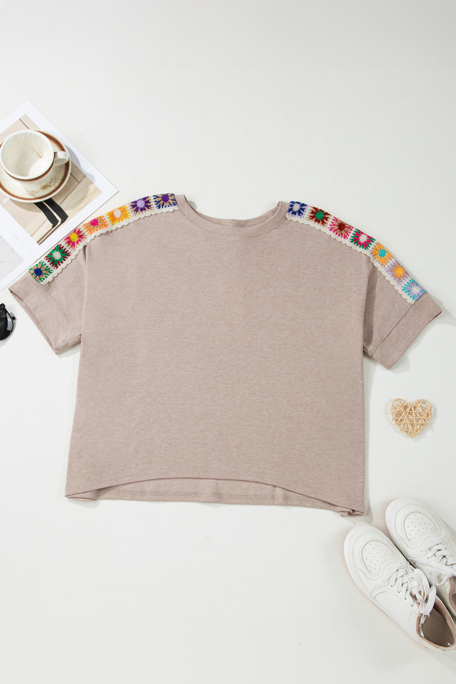 Light Grey Granny Square Crochet Detail Loose T Shirt - loveforevers