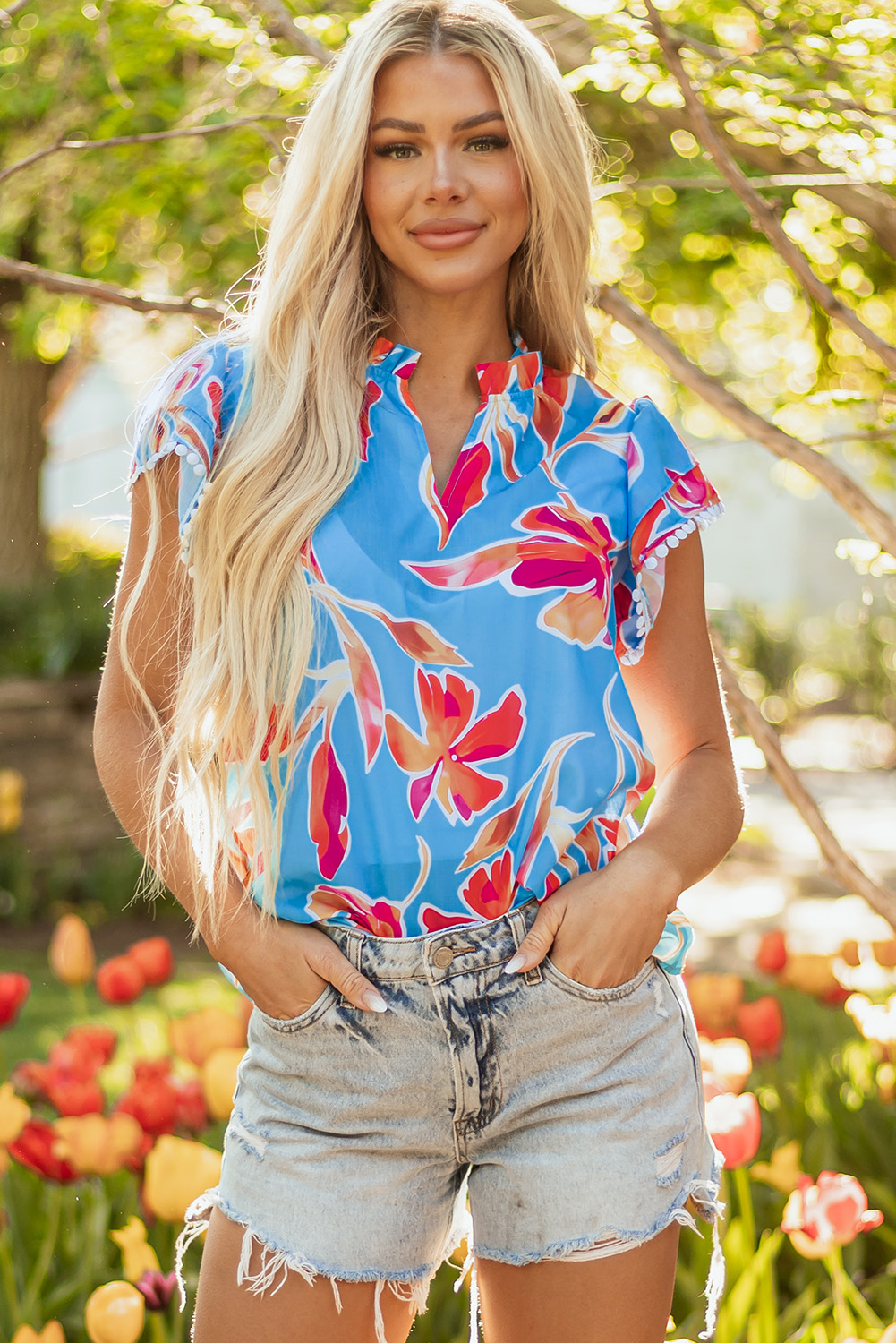 Sky Blue Floral Print V Neck Pompom Trim Flutter Sleeve Blouse - loveforevers