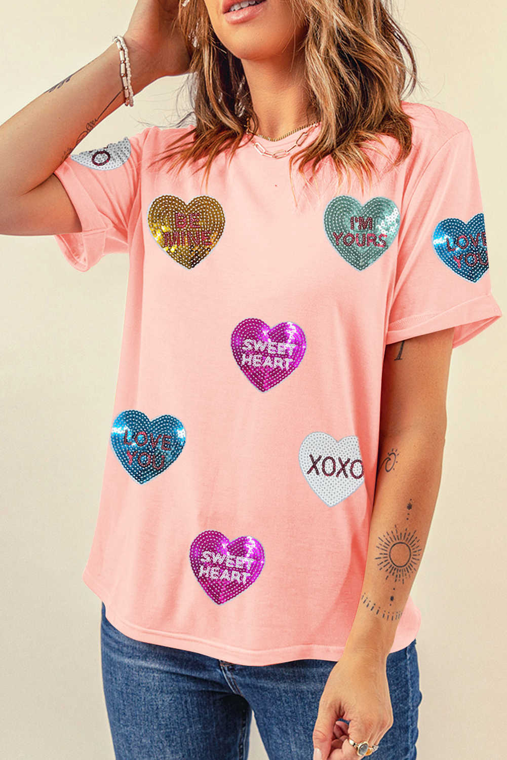 Pink Sequin Valentines Lettering Heart Patched Crewneck T Shirt - loveforevers