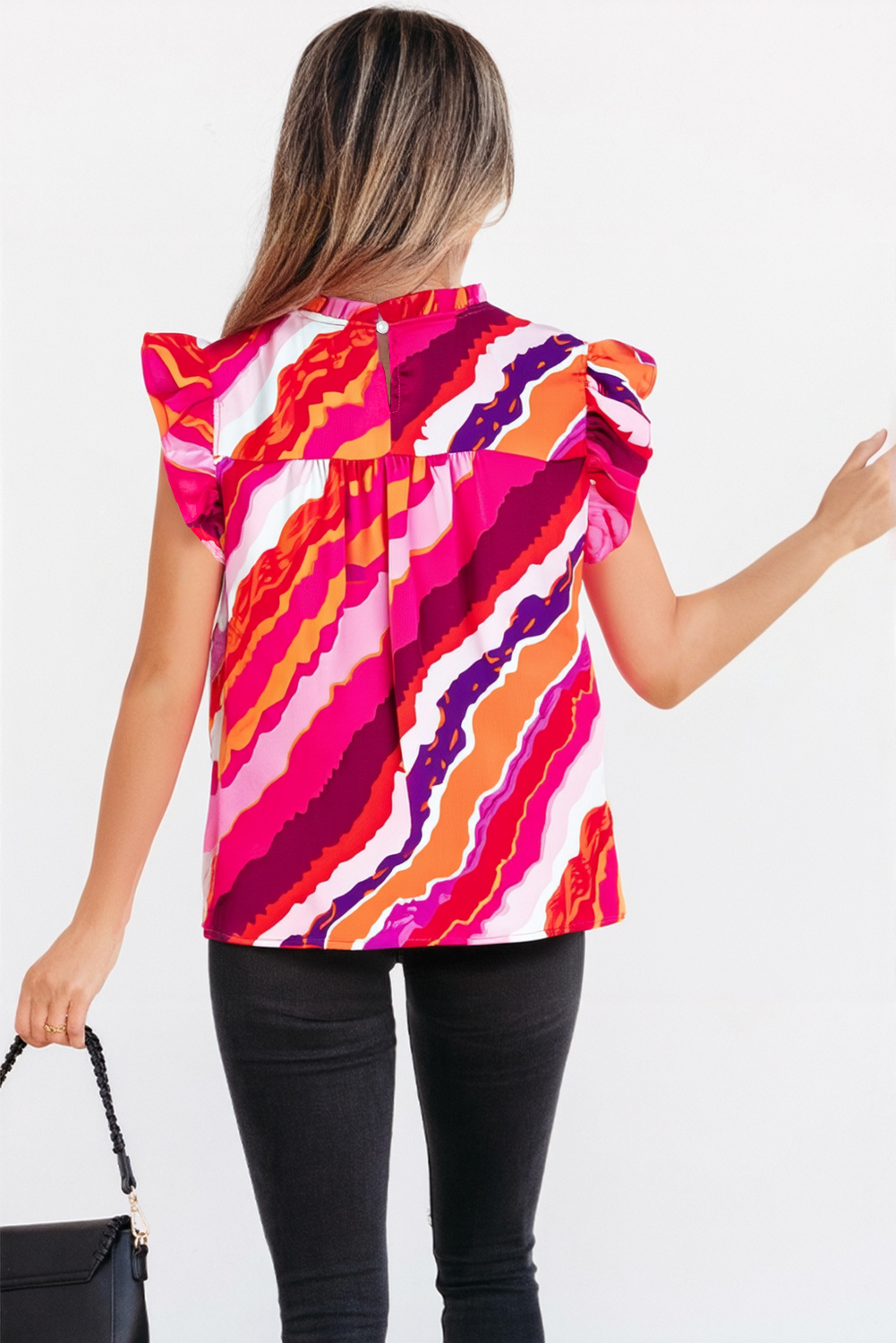Rose Abstract Print Shirred Yoke Ruffled Blouse - loveforevers
