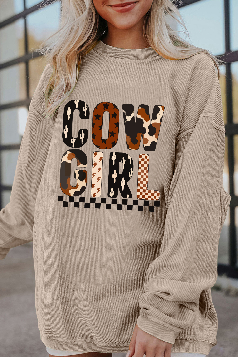 Smoke Gray Western Cowgirl Graphic Corduroy Baggy Sweatshirt - loveforevers
