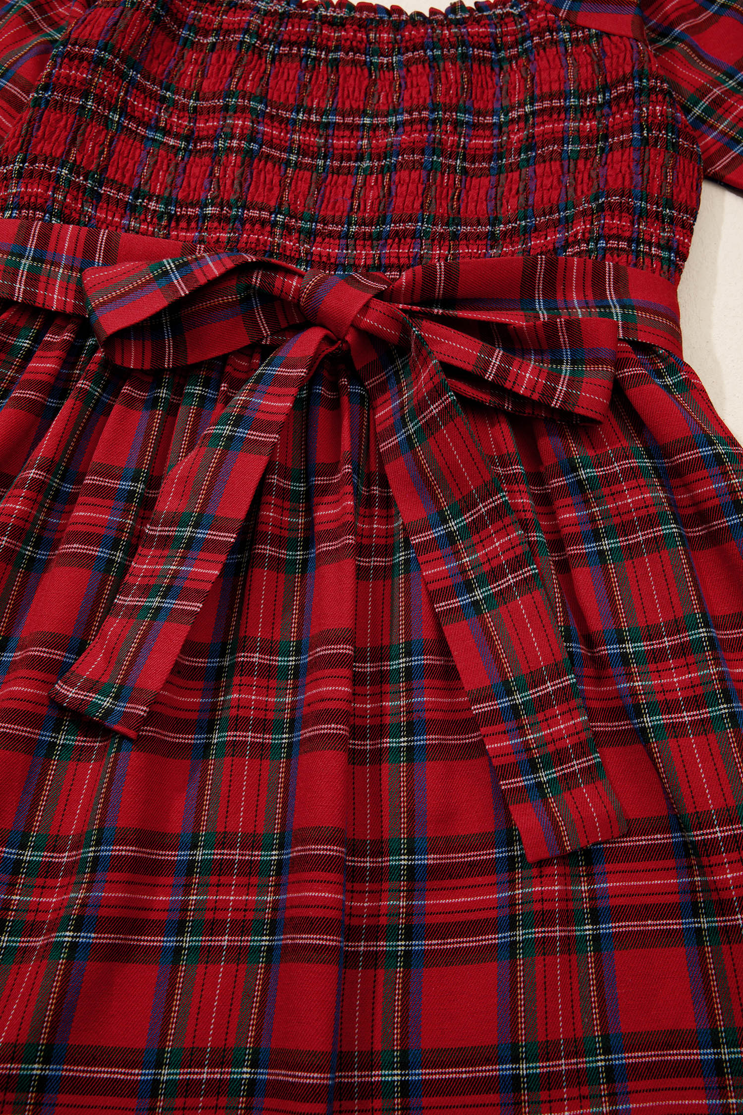 Red Tartan Plaid Square Neck Puff Sleeve Knot Waist Flared Midi Dress - loveforevers
