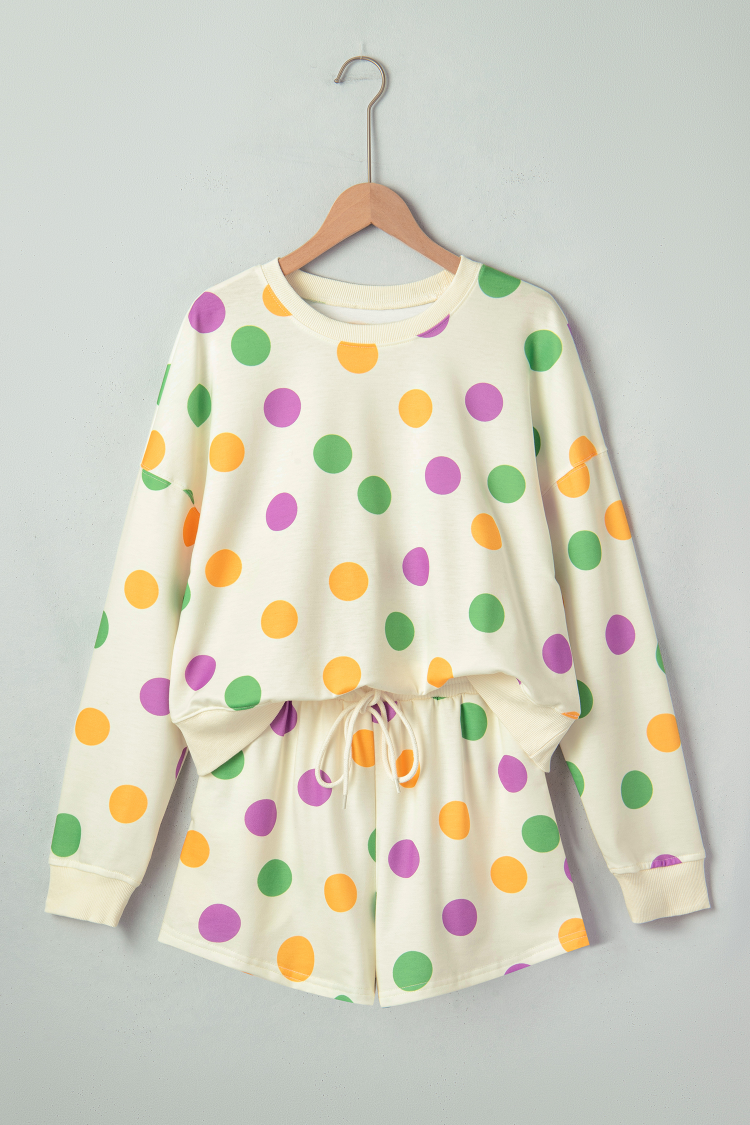 Beige Polka Dot Print Drop Shoulder Pullover Drawstring Jogger Pant Set - loveforevers