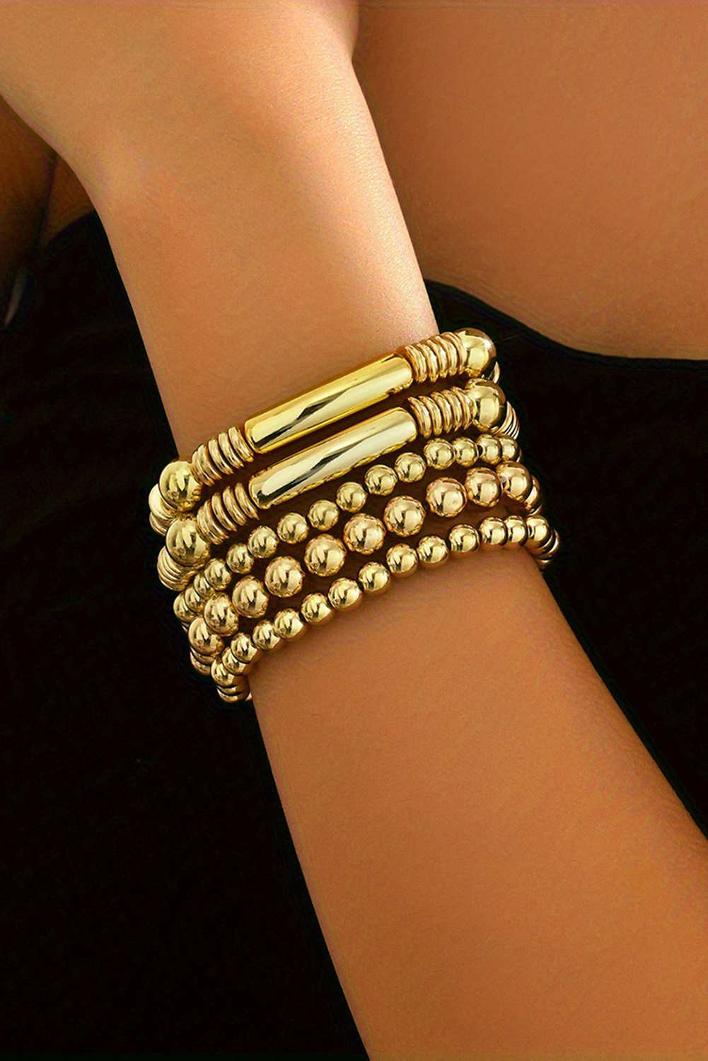 Gold Layered Plated Alloy Beaded Elastic Bracelet Set - loveforevers
