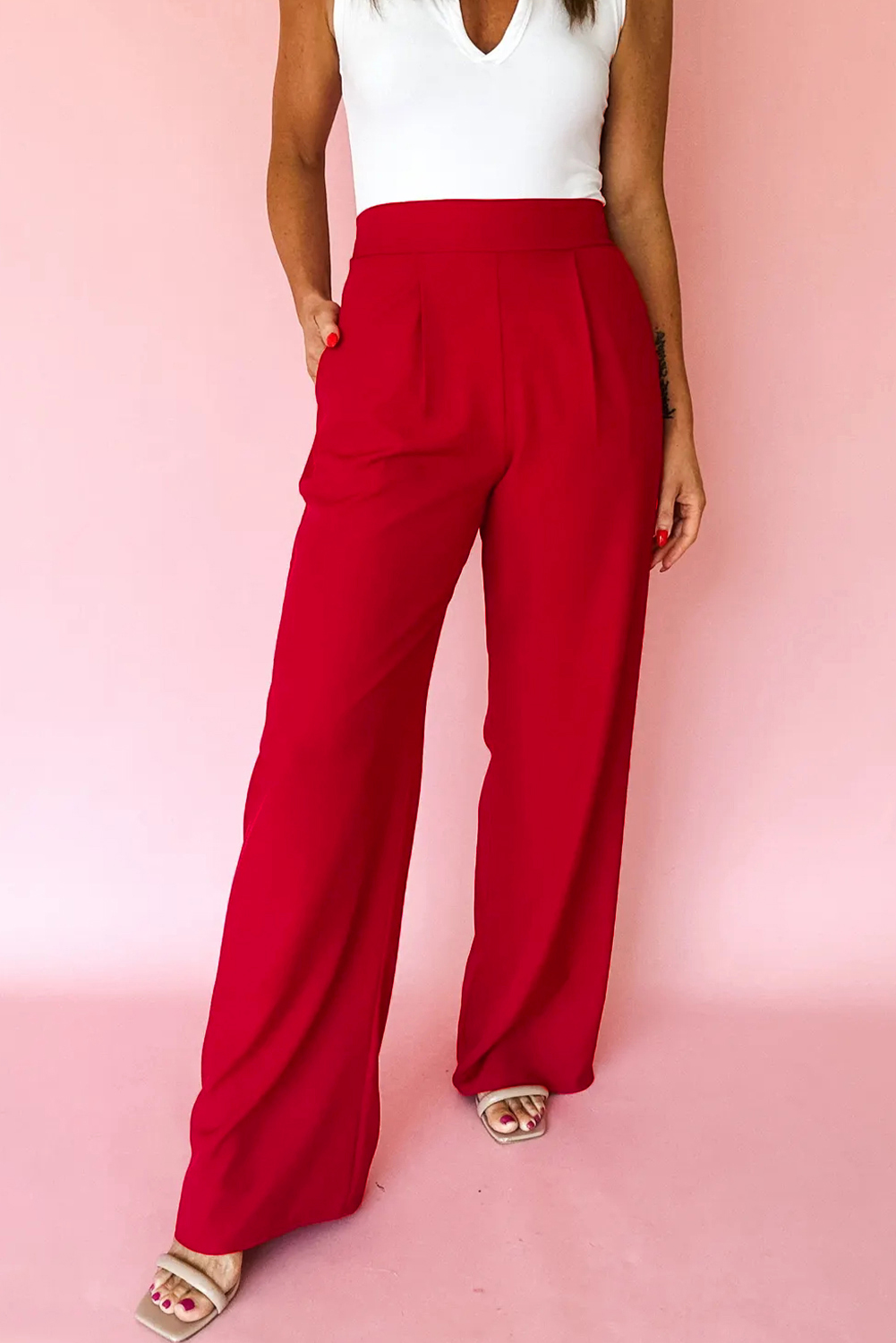Fiery Red Pleated Detail Pull On High Elastic Waist Loose Straight Pants - loveforevers