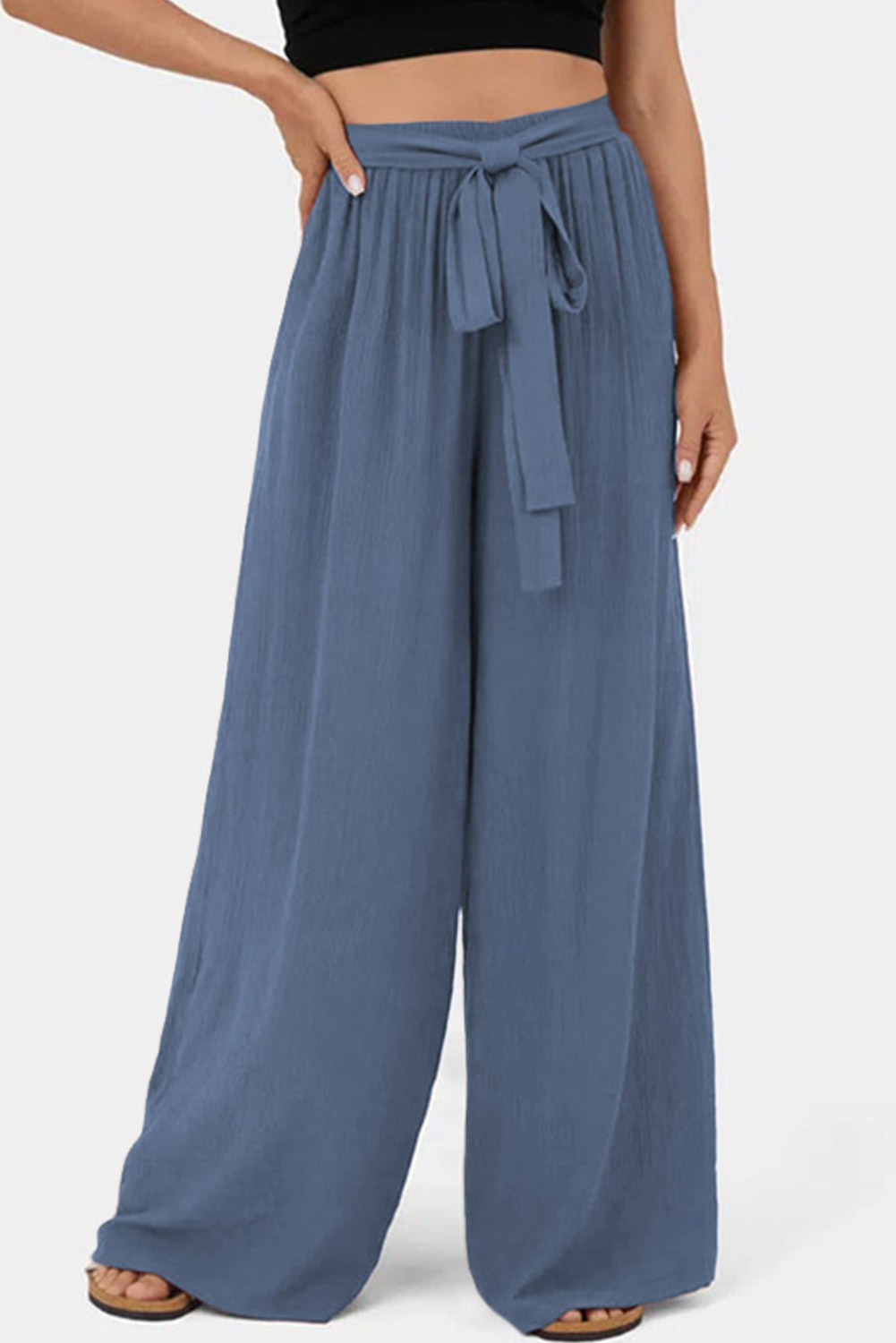 Rose Tan High Waisted Tie Front Side Pocket Wide Leg Flowy Casual Pants - loveforevers