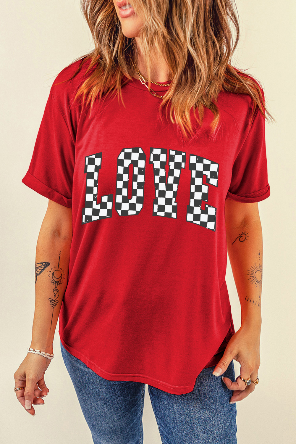 Red Checkered LOVE Letter Graphic Valentines T Shirt - loveforevers
