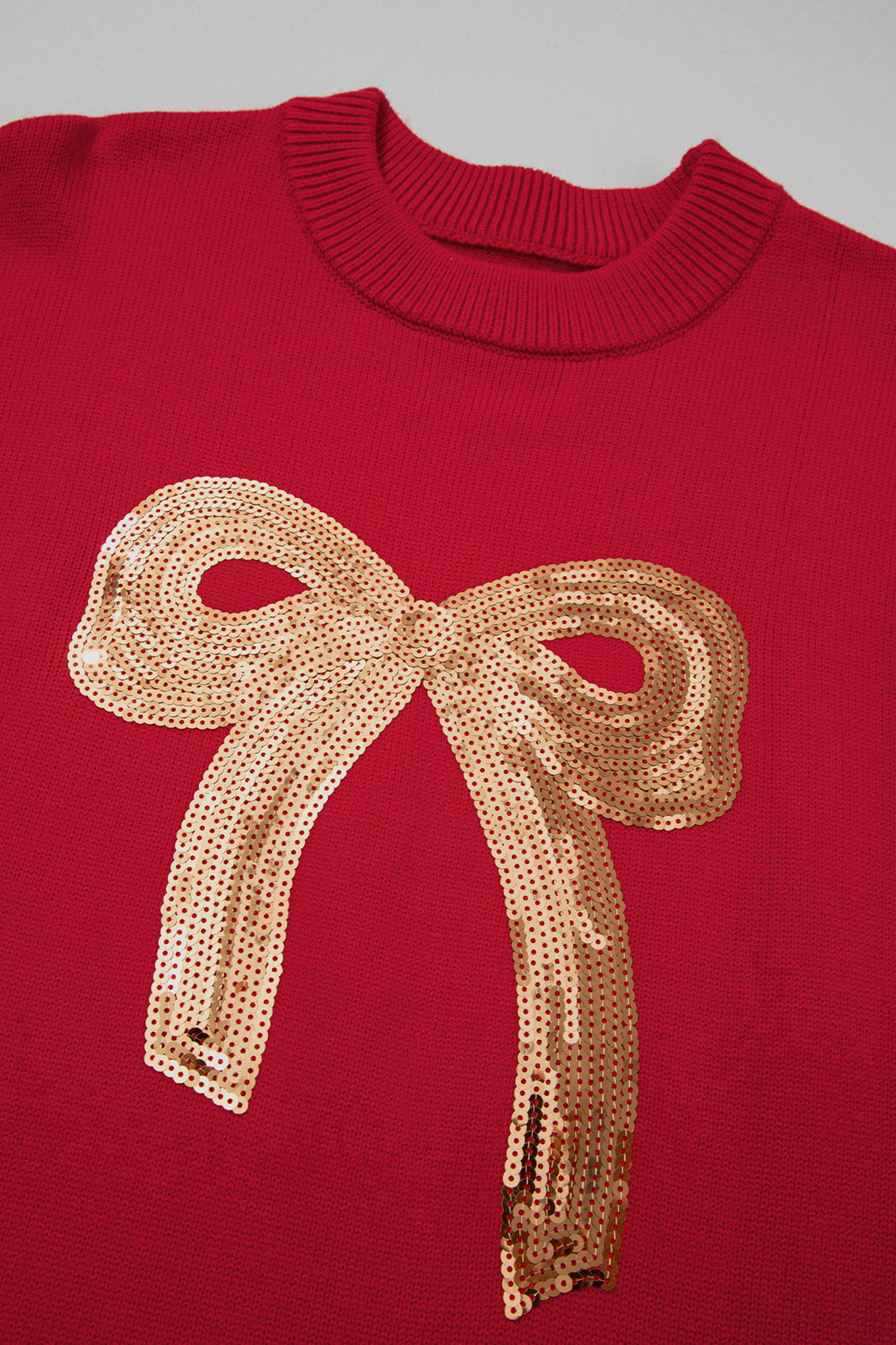 Rose Red Sequined Bow Graphic Christmas Holiday Sweater - loveforevers