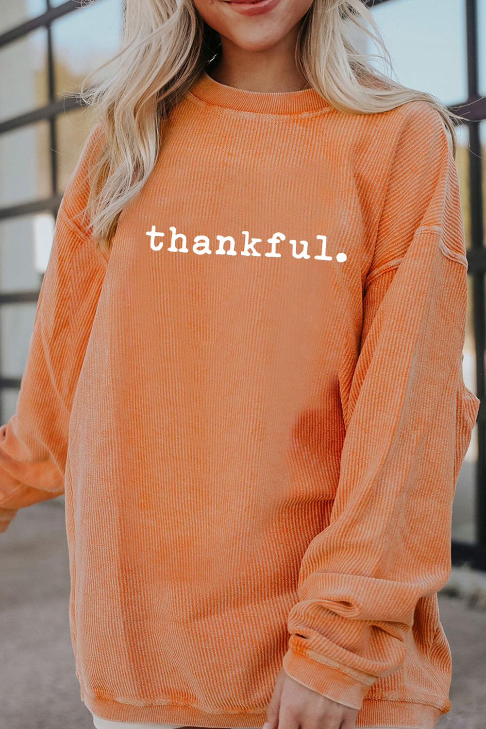 Orange Thankful Ribbed Crew Neck Thanksgiving Sweatshirt - loveforevers