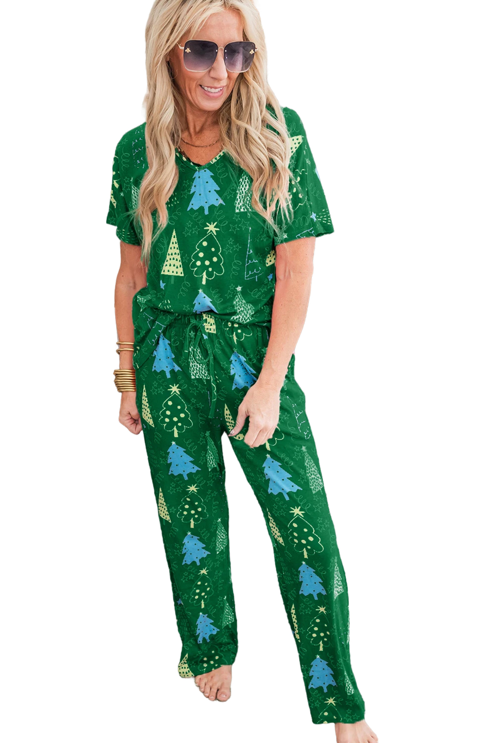 Rose Christmas Tree Print V Neck Tee and Pants Lounge Set - loveforevers
