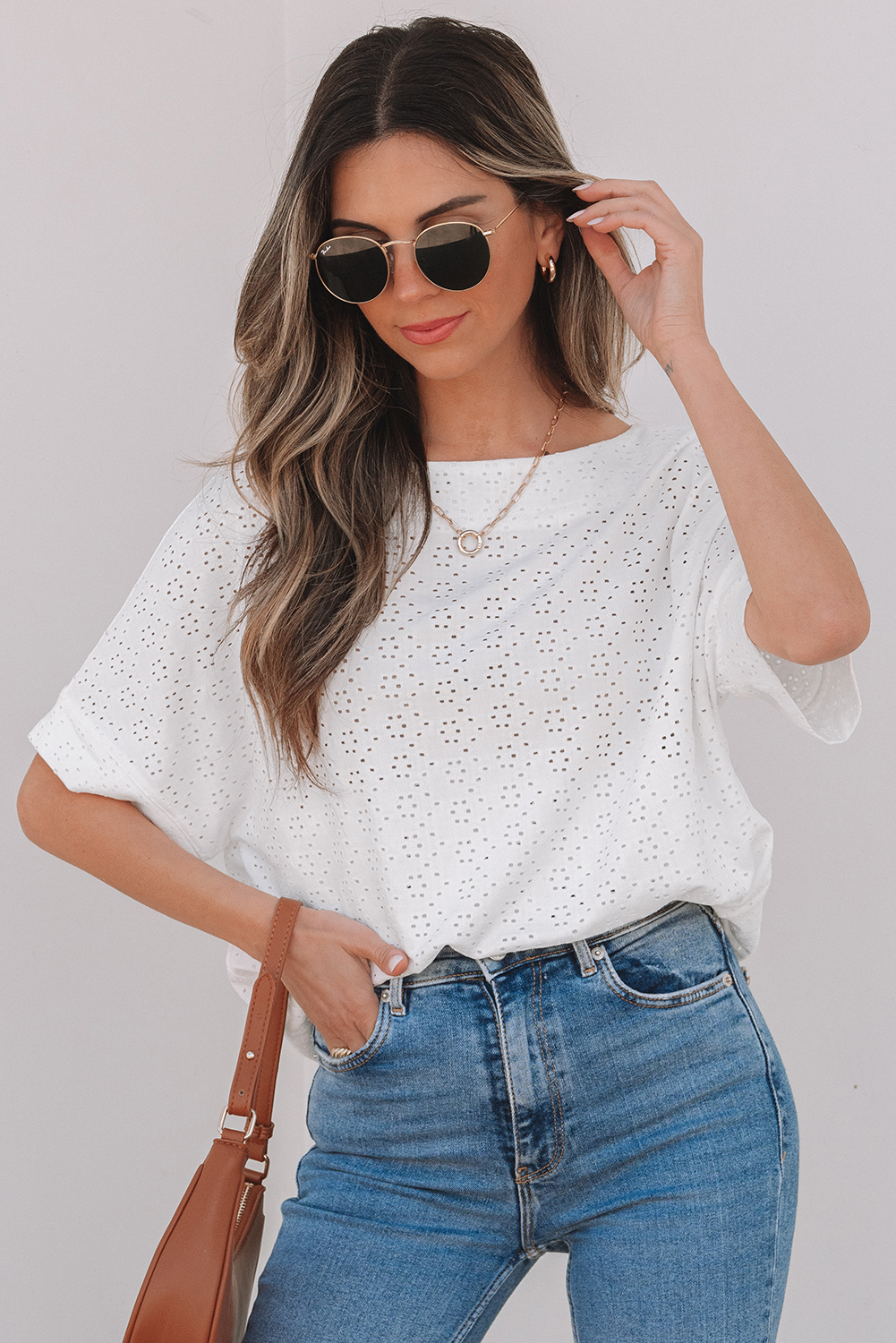 White Eyelet Pattern Boat Neck Casual Tee - loveforevers