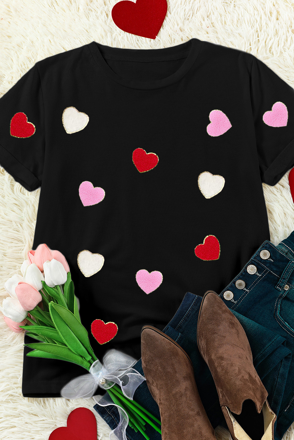 Black Valentines Chenille Heart Patched Pattern Crewneck Tee - loveforevers