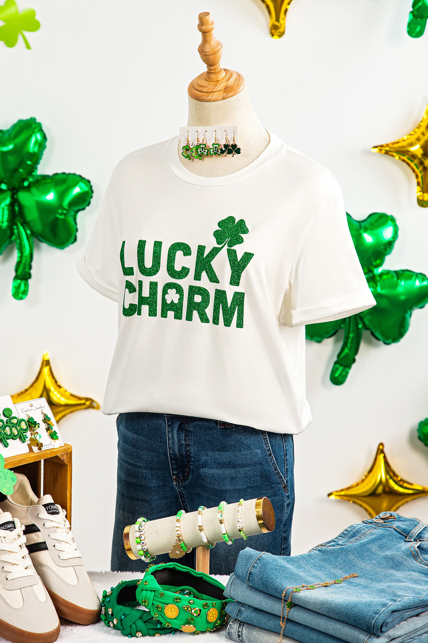 White LUCKY CHARM Shimmery Print St Patricks Day Clover T Shirt - loveforevers