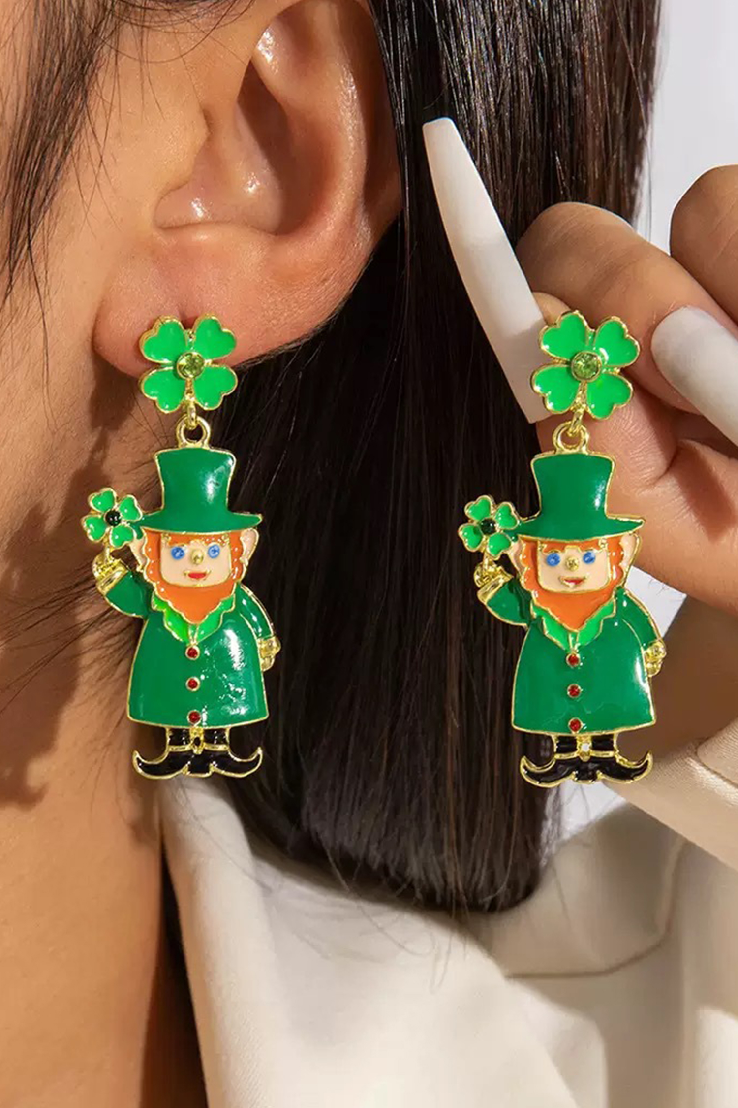 Dark Green St Patricks Day Enameled Leprechaun Drop Earrings - loveforevers