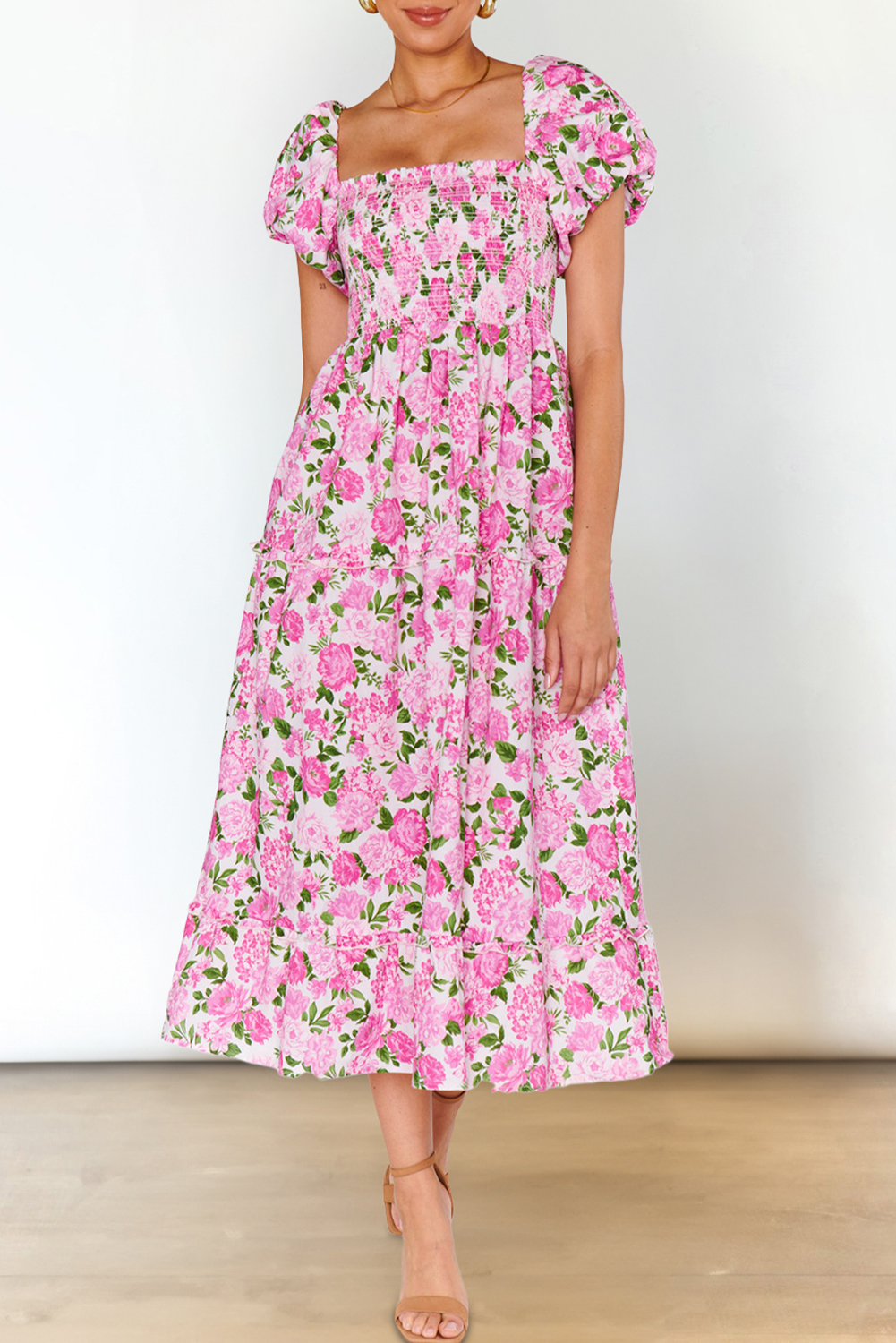Pink Dainty Floral Smocked Puff Sleeve Flowy Long Dress - loveforevers