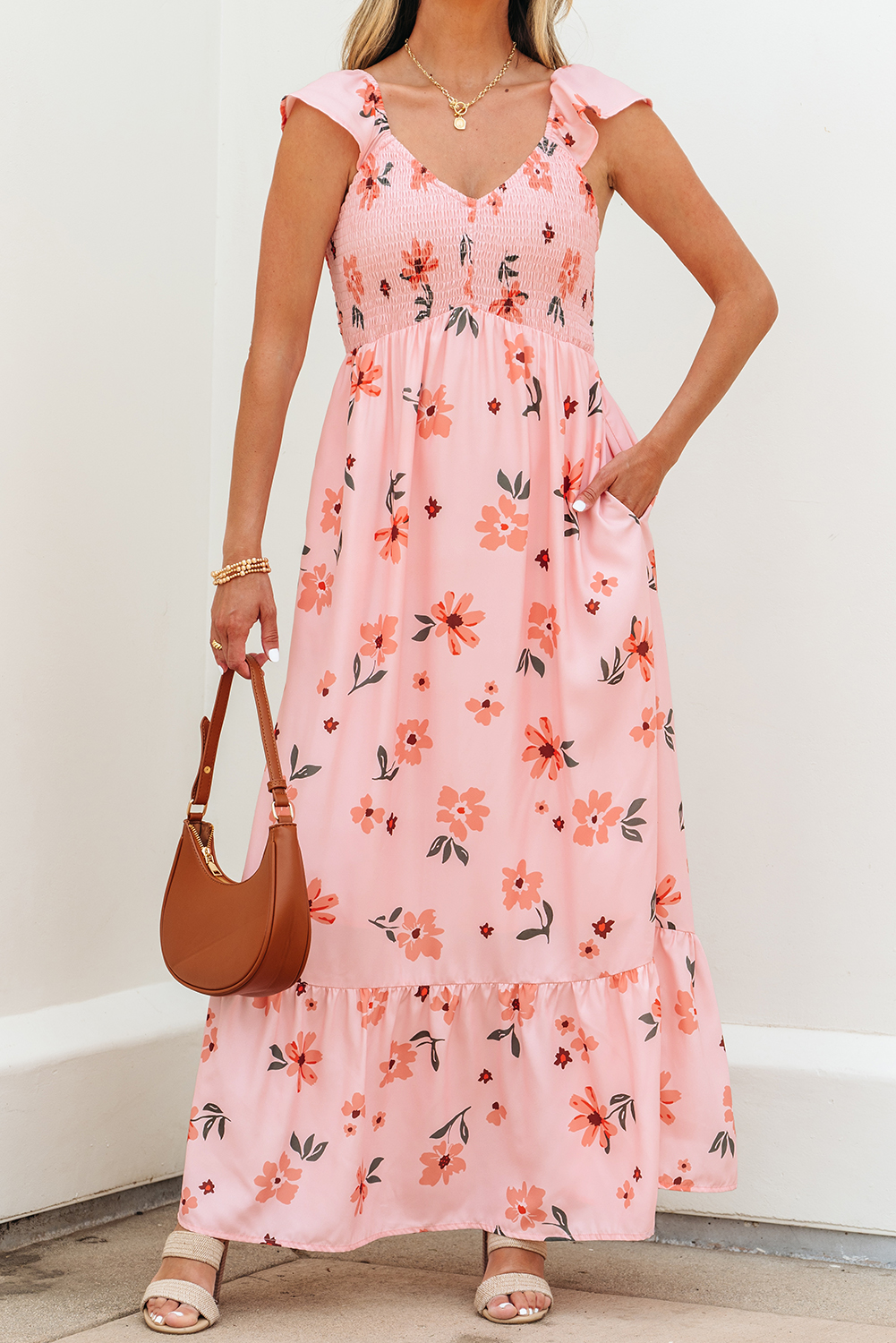 Black V Neck Flutter Sleeve Smocked Bodice High Waist Ruffle Maxi Dress - loveforevers