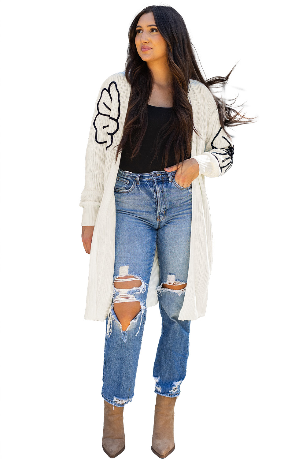 Black Flower Embroidered Drop Shoulder Open Front Duster Cardigan - loveforevers