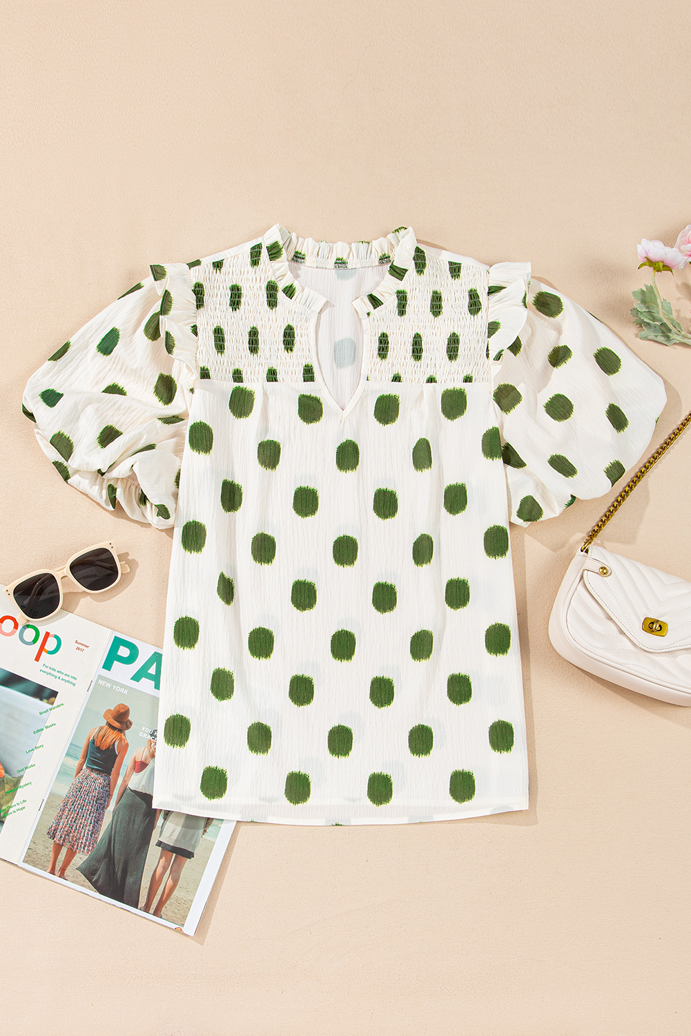 Black Polka Dot Print Shirred Yoke Notched Neck Balloon Sleeve Blouse - loveforevers