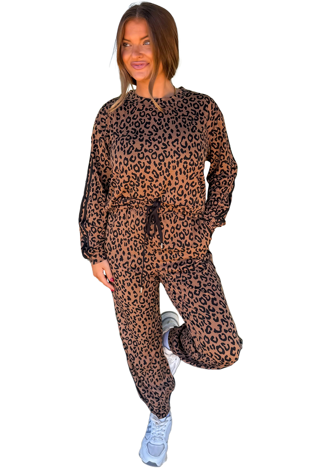 Brown Varsity Striped Trim Leopard Long Sleeve Top Drawstring Pant Set - loveforevers