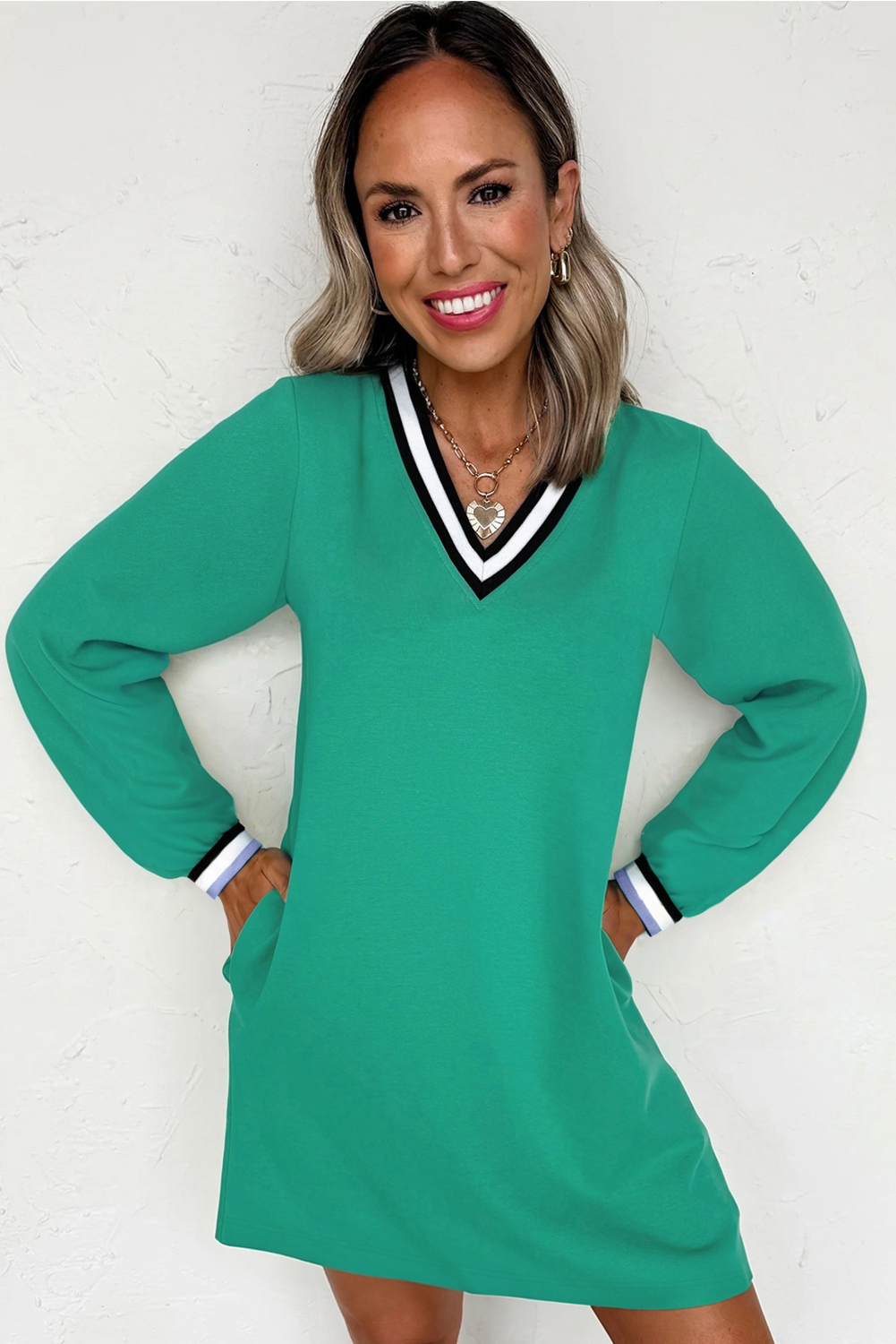 Mint Green Varsity Contrast Striped V Neck Long Sleeve T Shirt Dress with Pockets - loveforevers