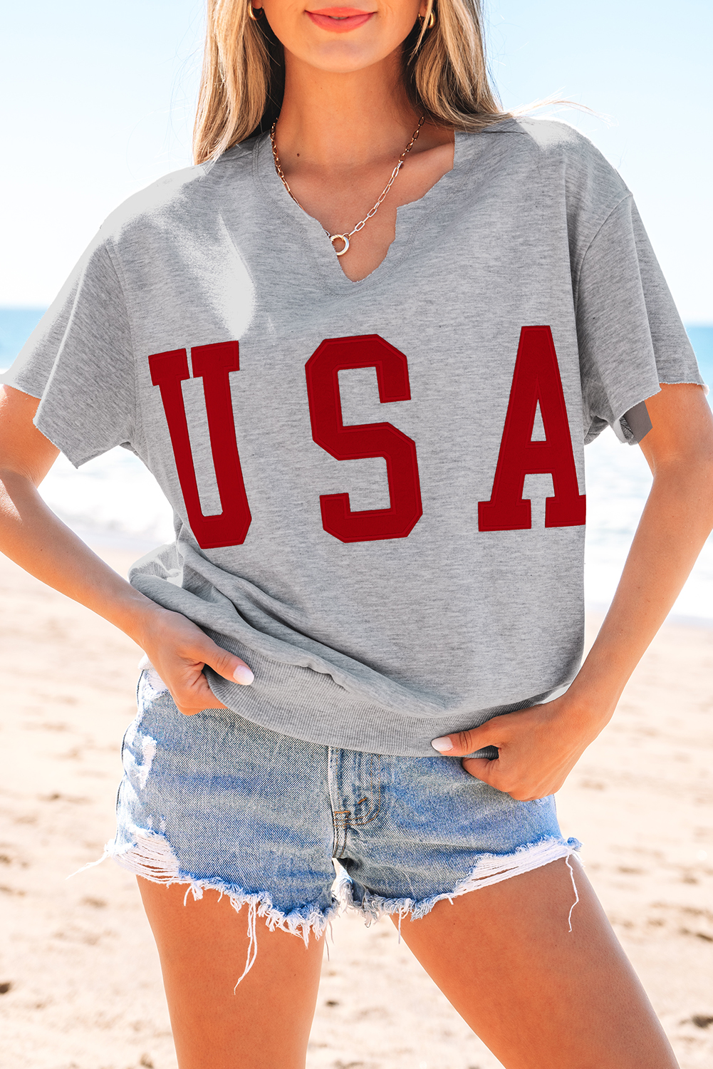 Light Grey USA Lettering Patch Notched Neck Loose Tee - loveforevers