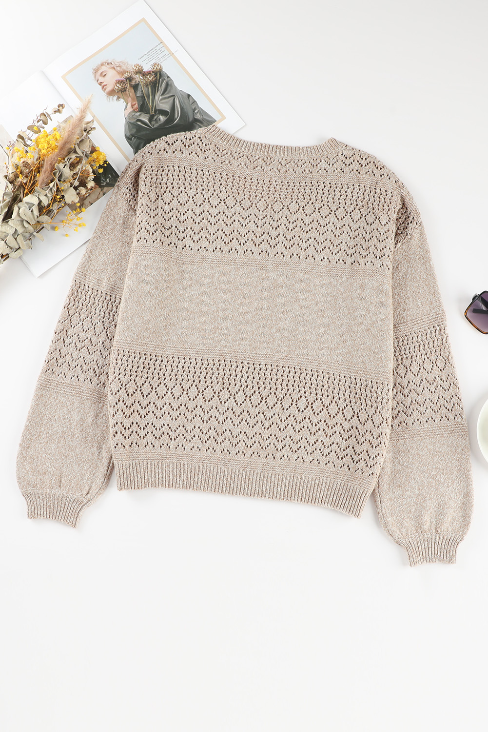 Sky Blue Eyelet Pattern Detail V Neck Drop Shoulder Sweater - loveforevers