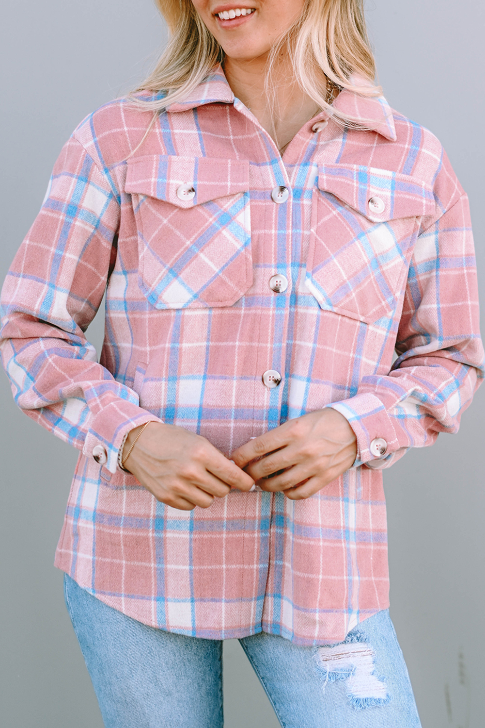 Pink Plaid Flap Pocket Flannel Shacket - loveforevers