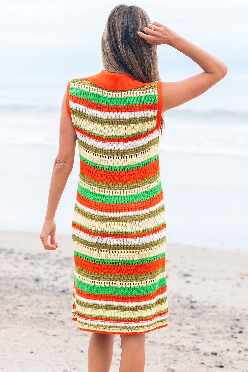 Yellow Stripe Eyelet Sleeveless Buttoned Split Neck Sweater Dress - loveforevers