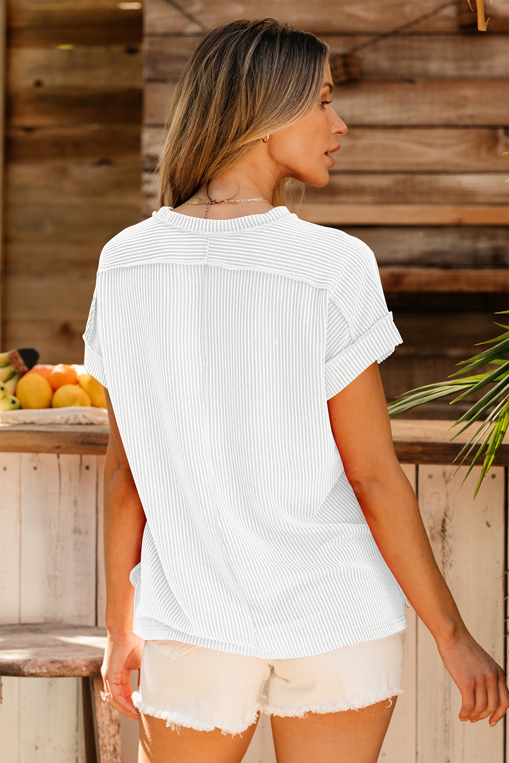 White Textured Knit Exposed Stitching T-shirt - loveforevers