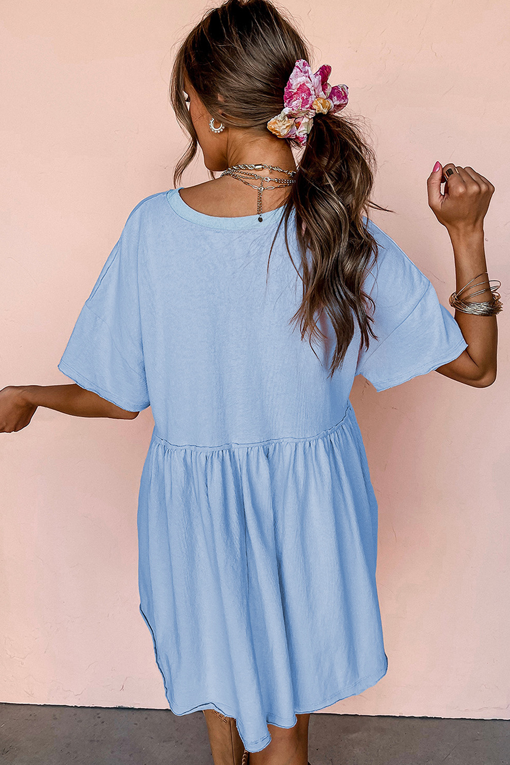 Sky Blue Star and Stripes Sequin Bow Patched T Shirt Babydoll Dress - loveforevers
