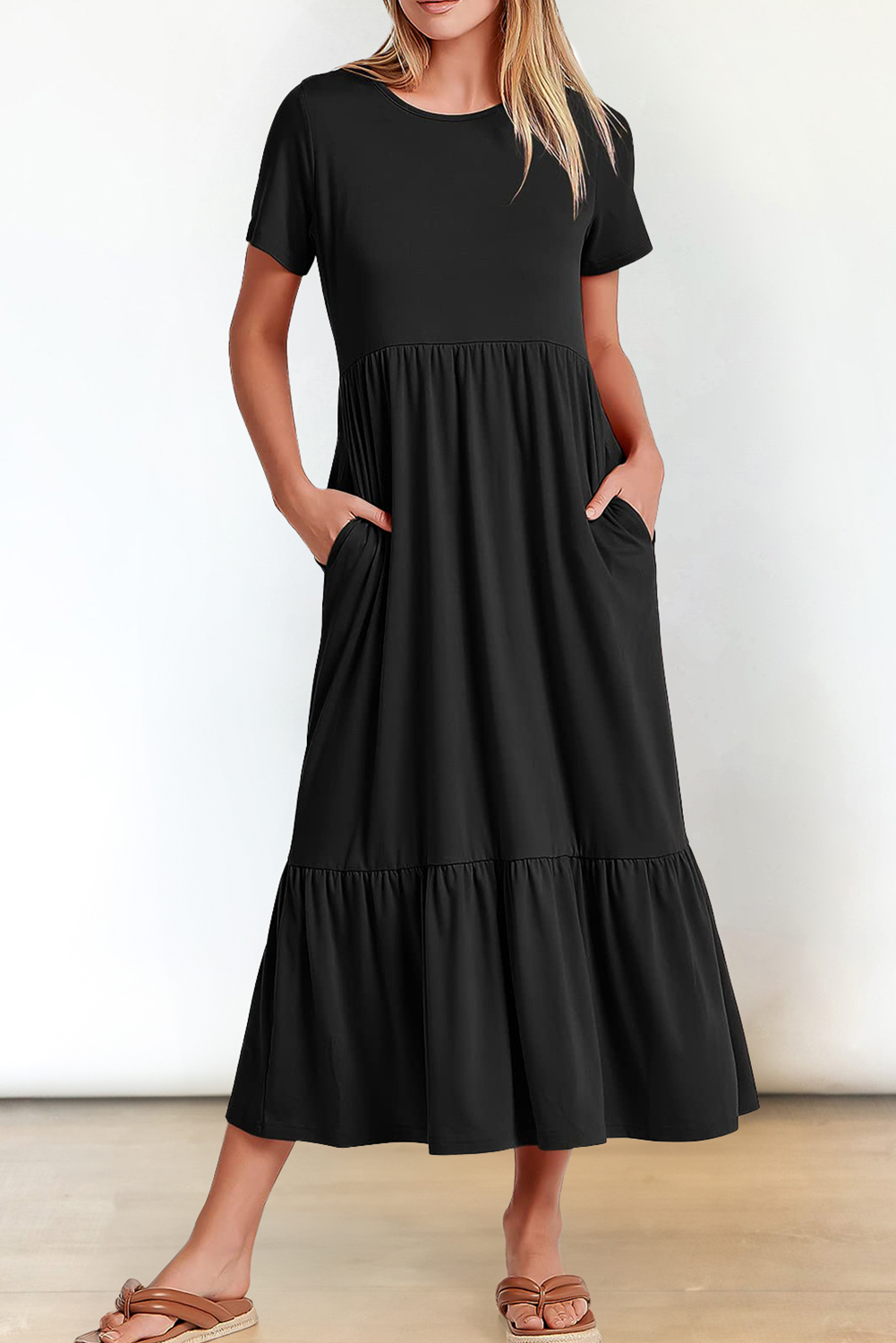 Black Solid Color T-shirt High Waist Pocketed Long Dress - loveforevers