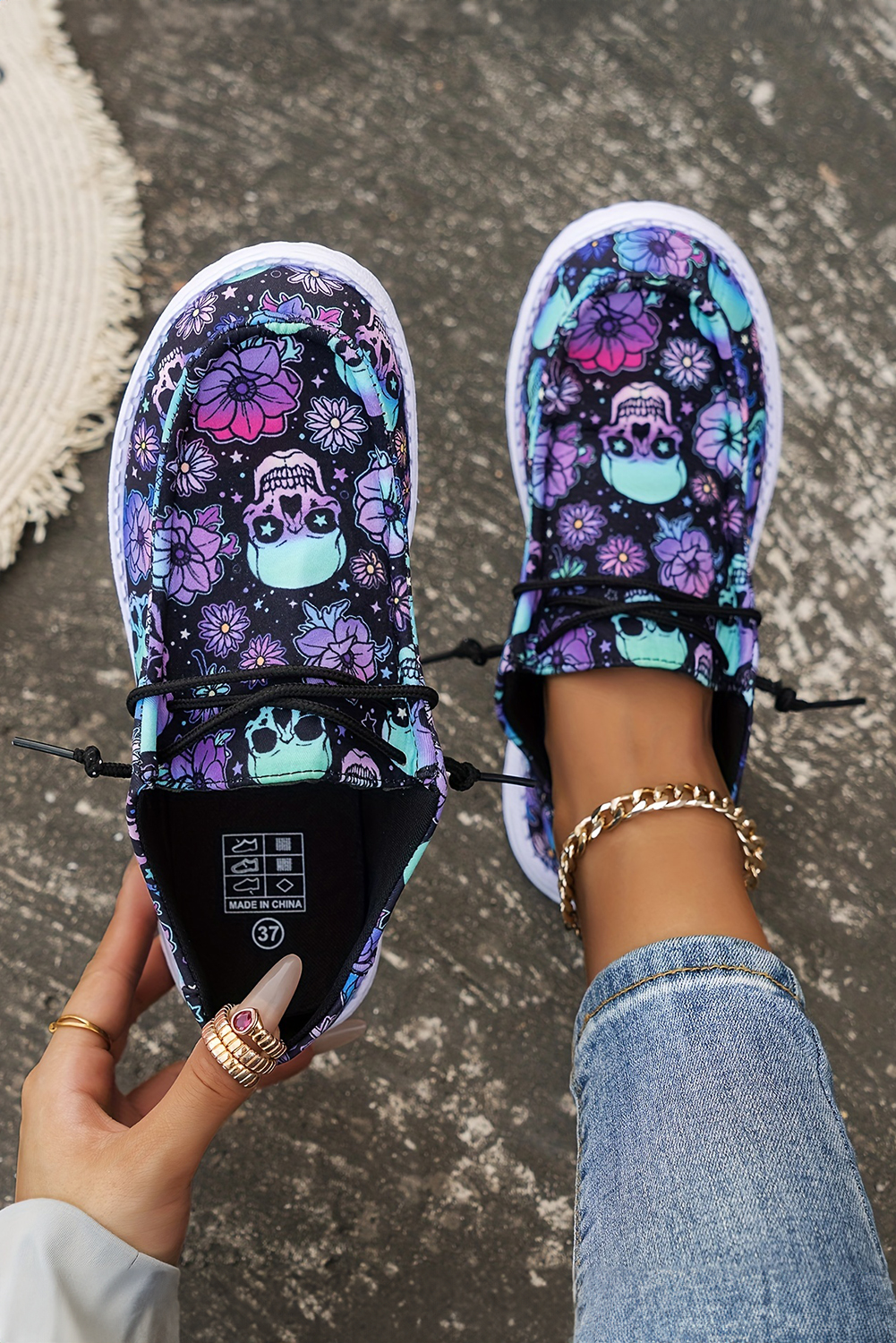 Dark Blue Sugar Skull Print Lace-up Detail Halloween Flat Shoes - loveforevers
