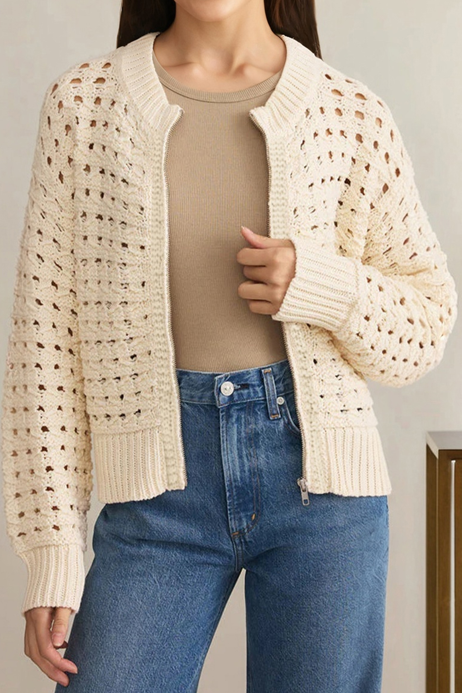 Beige Hollowed Pattern Knit Zip Up Drop Shoulder Sweater Cardigan - loveforevers